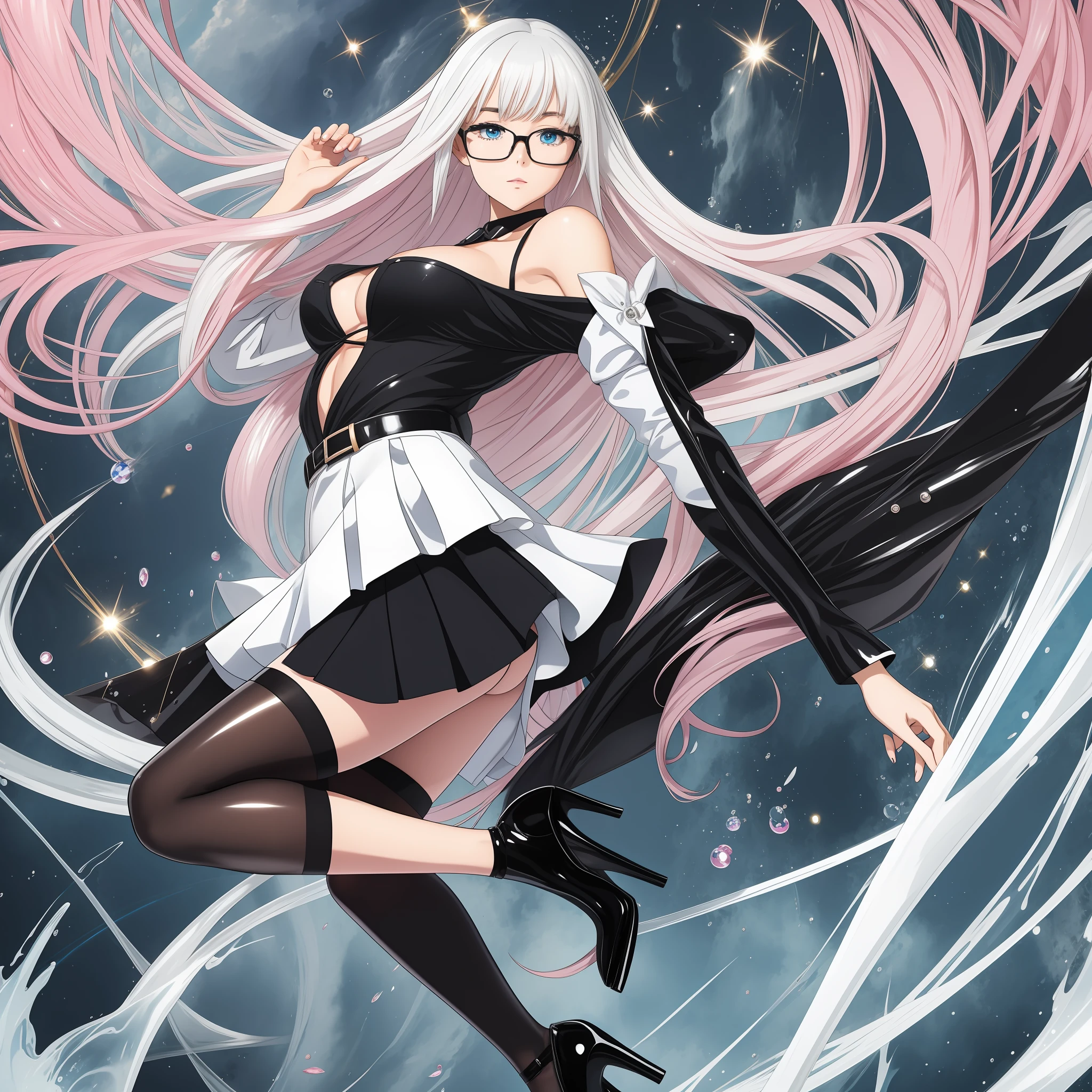 anime illustration, intelligent beauty with black glasses, unbuttoned white shirt, black tight miniskirt, ultra-thin black stockings and high heels, white glossy shoulder-length hair with splashes in places, messy hair, half-up knitting hair style, sparkling blue eyes, glossy pink lips, great proportion, full body, very high image quality, high quality, exquisite, 16k