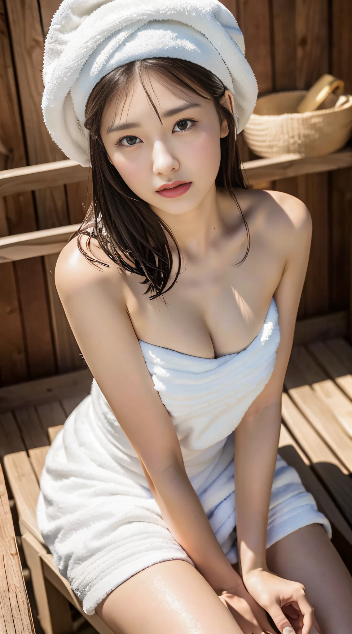 1girl, solo, (masterpiece, best quality, 8K, ,photorealistic, mulberry:1.37), viewer, pretty Japan at 18 years old, slender figure: 1.1, small breasts, sitting, sauna, double eyelids, dark hair, sweat-soaked face and body: 1.2, (white large size towel dress with strapless), (small size, White towel shampoo hat: 1.1), Finnish sauna, realistic body, makeup, gloss slip, focus on face, small face, sharp focus, layered cut