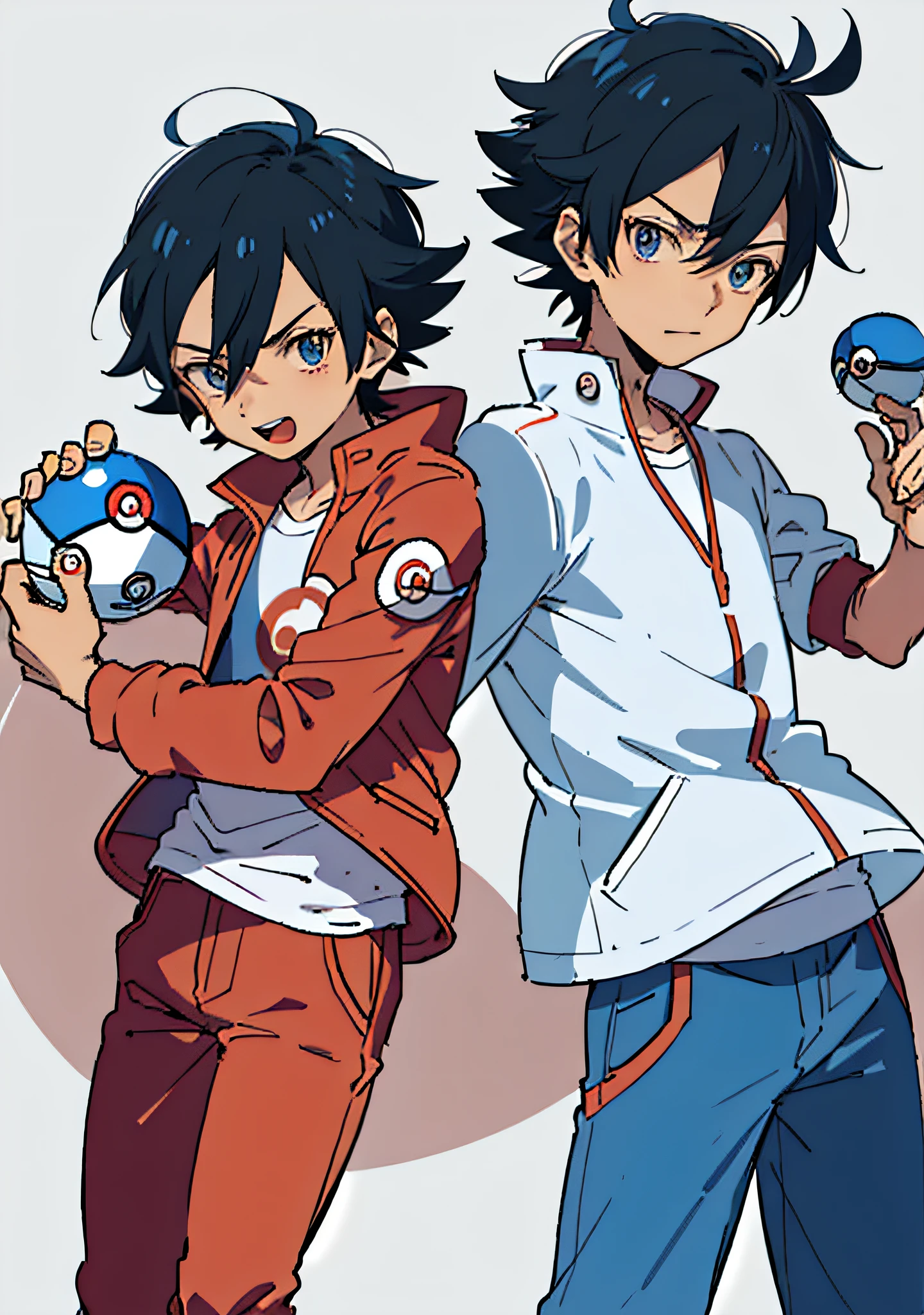 Simple background, white background, cartoon of a  in a red jacket and blue pants holding a Poké ball, Pokemon Trainer, Ash Ketchum, Pokemon Trainer costume, inspired by Junpei Sato, inspired by Ken Sugimori, Pokemon style, Pokemon anime style, illustrated Pokemon, anime style characters, Pokemon fog, Tony started style