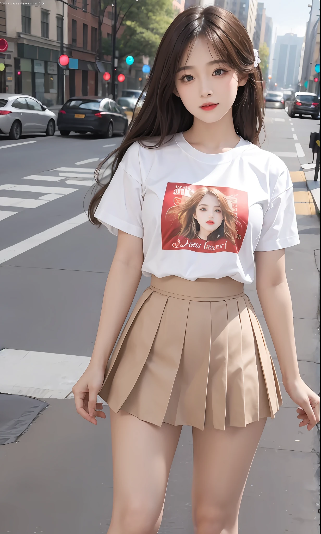 ulzzang-6500-v1.1, (raw photo:1.2), (photorealistic:1.4), beautiful detailed girl, very detailed eyes and face, beautiful detailed eyes, ridiculous, incredibly ridiculous, huge file size, super detailed, high resolution, very detailed, best quality, masterpiece, ((color variety of t-shirts)), illustration, very detailed, CG, unified, 8k wallpaper, amazing, fine details, masterpiece, Best quality, very detailed CG uniform 8k wallpaper, light on face, 1girl, , long white hair, side split, ((pleated skirt)), ((dynamic pose))), (((sexy pose))), (camel toe), (half),