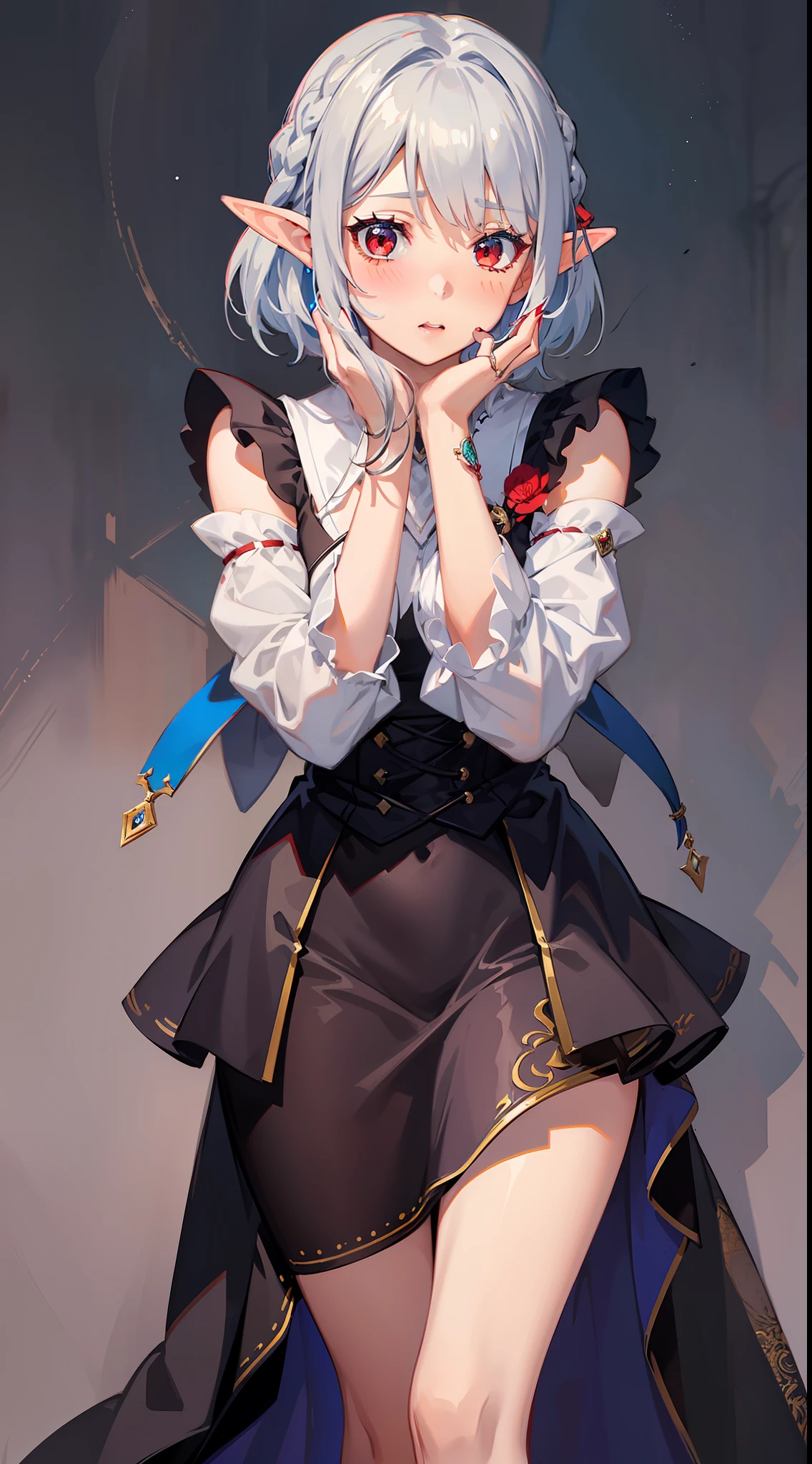 1 Girl Full Body, Elf, Silver Hair, Red Eyes, Bob Cut, Braid, Dress, Long Skirt, Facing Front, (Putting Both Hands on Their Face), (Surprised), (Blushing), Concept Art, Beautiful Anime Scene, Beautiful Anime Scenery, Top Rated on pixiv, Best Quality, 4K