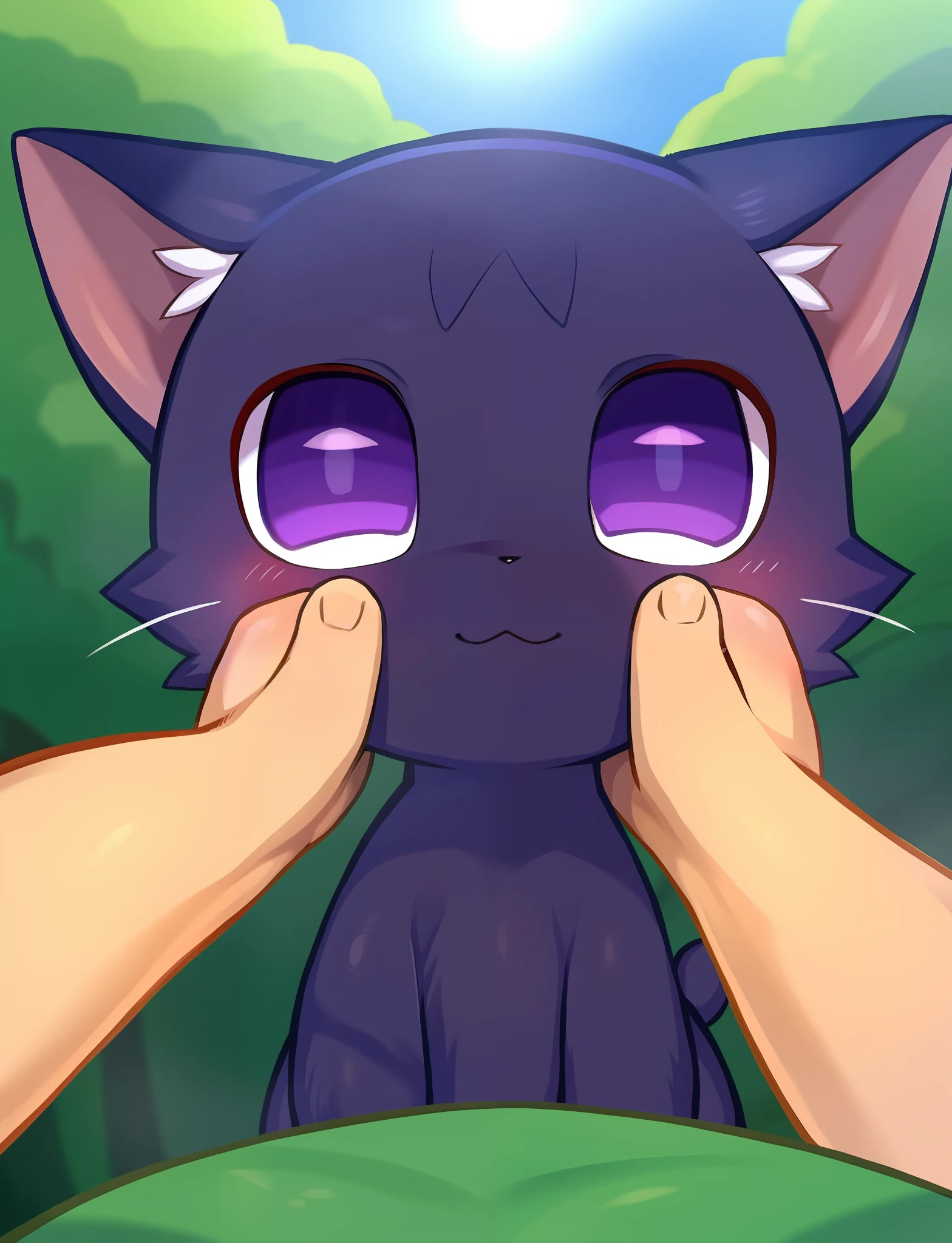 by syuro:0.5), chee-riee, /masterpiece, best quality, animal focus, solo, Scaracat, cat, purple eyes, red eyeliner, cute, solo, pov, 1other, hands on another's face