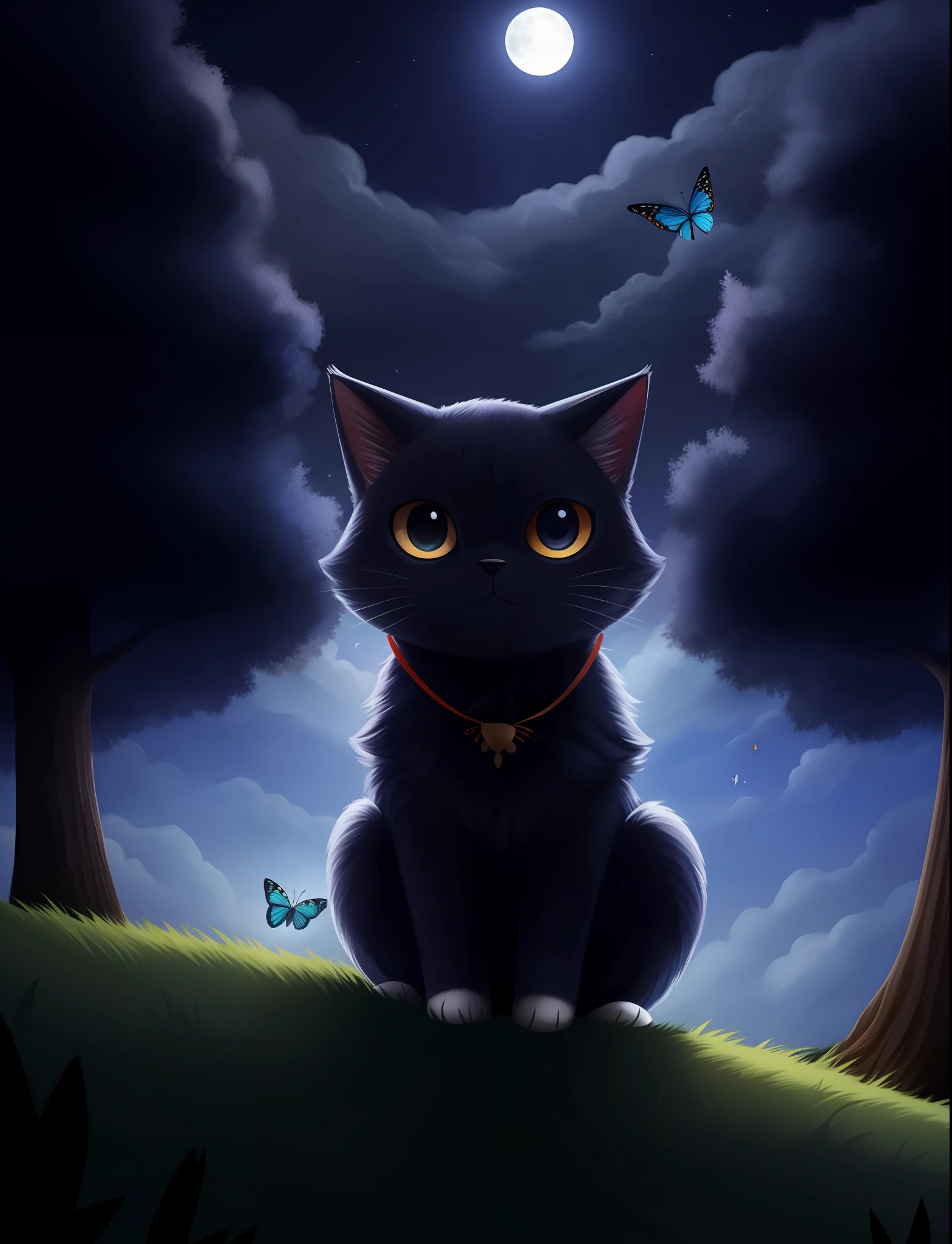 masterpiece, best quality,  solo, sky, cloud, tree, no humans, night, animal, cat, bug, butterfly, black cat, animal focus