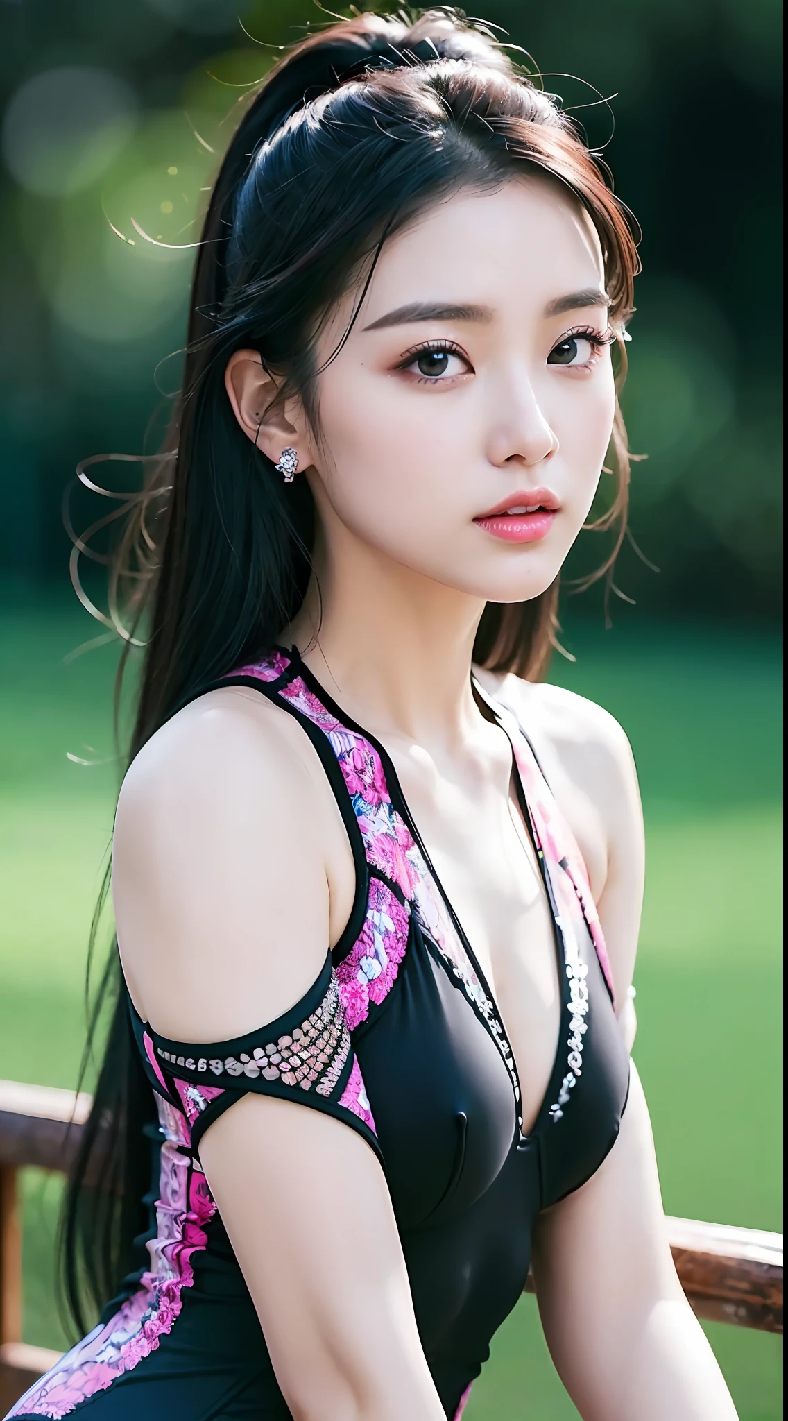 (Masterpiece, Top Quality, Best Quality, Official Art, Beauty and Aesthetics: 1.2), (1girl), Extreme Detail, Colorful, Supreme Detail, Official Art, Unified 8k Wallpaper, Ultra Detailed, Beautiful and Aesthetic, Beautiful, Masterpiece, Best Quality, (Zentangle, Girl, Wearing a tight yoga suit, the two diamonds above and below the bust are shiny, dazzling. The black and bright hair fluttered on the shoulders like a waterfall, the watery eyes stared straight ahead, the small nose, cherry-like lips.
