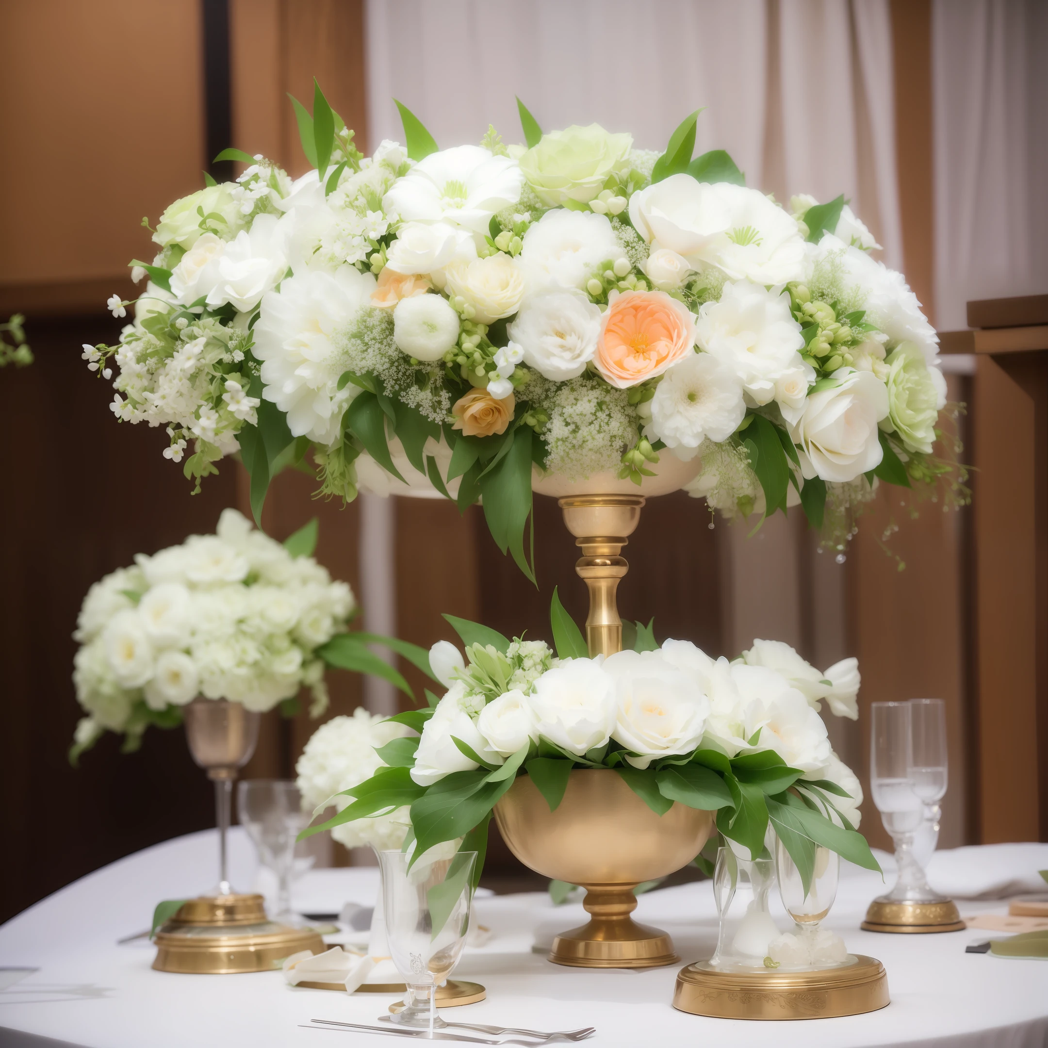 Korean style wedding, white and green floral arrangement, crystal lamps