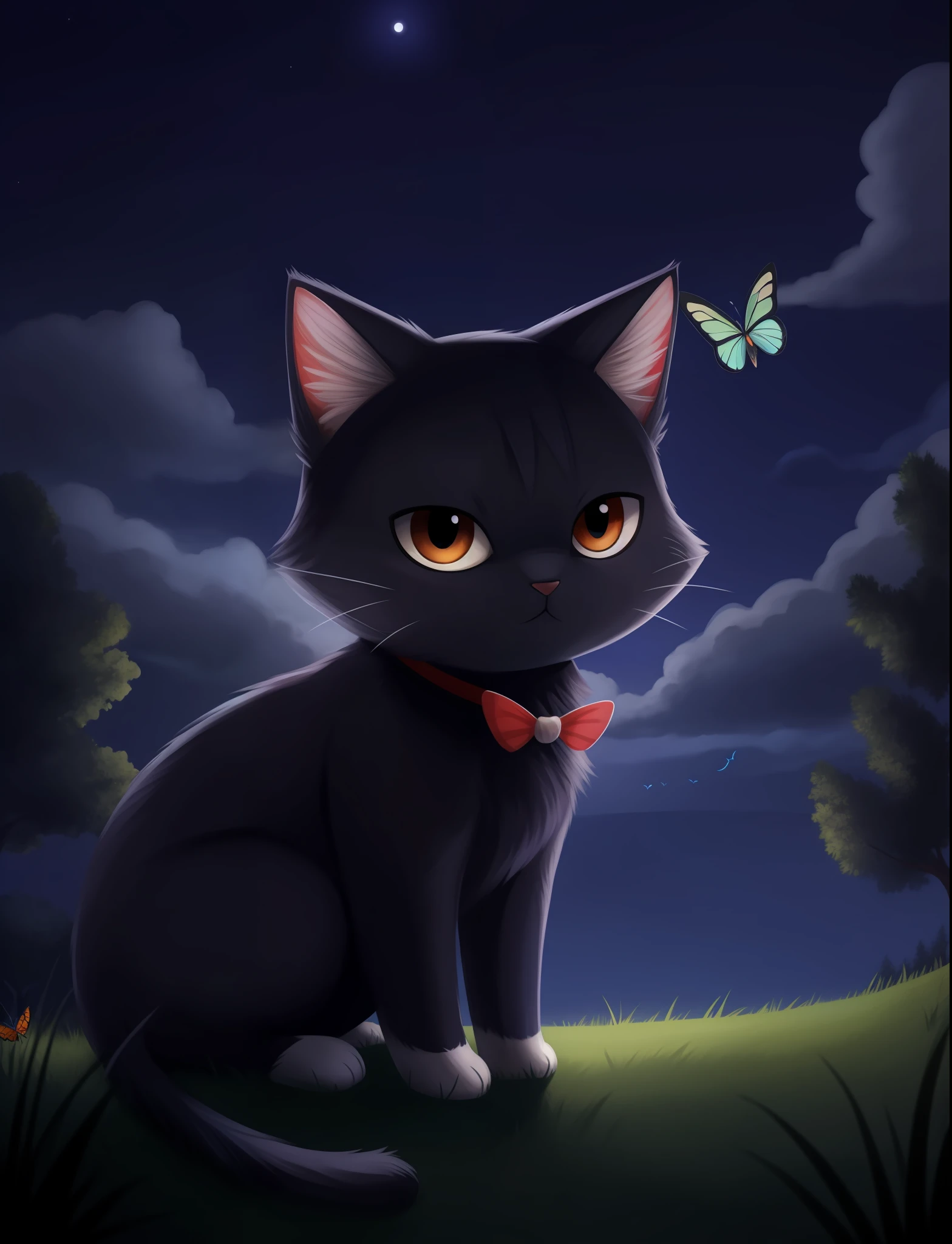 masterpiece, best quality,  solo, sky, cloud, tree, no humans, night, animal, cat, bug, butterfly, black cat, animal focus