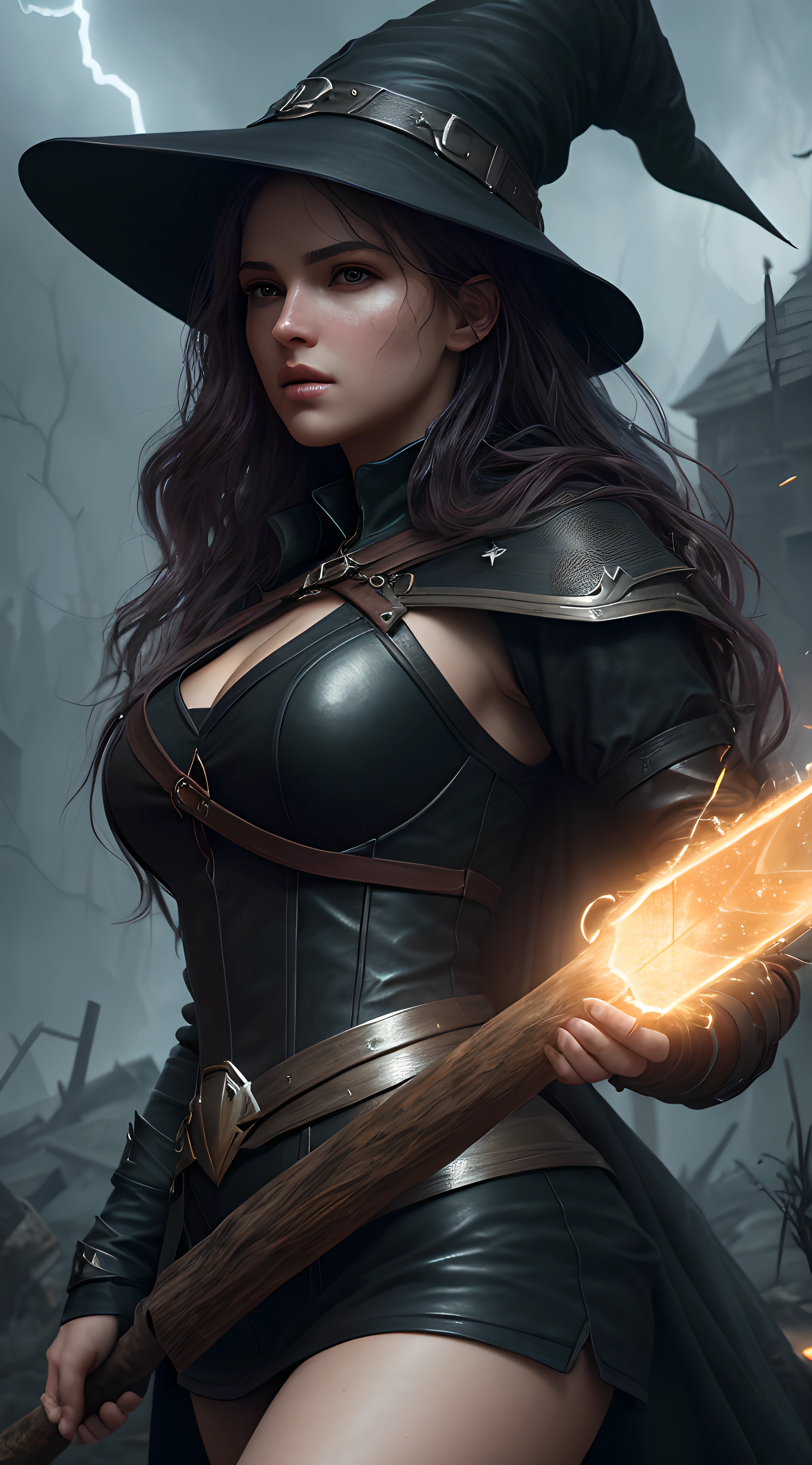 (capture the heroic and powerful aura of Scalant Witch), (photorealistic), (soft and cinematic lighting), (ultra-realistic details), (ultra-high definition, 16k resolution), (high-quality octane texture), (trend in ArtStation), using her axe break storms.