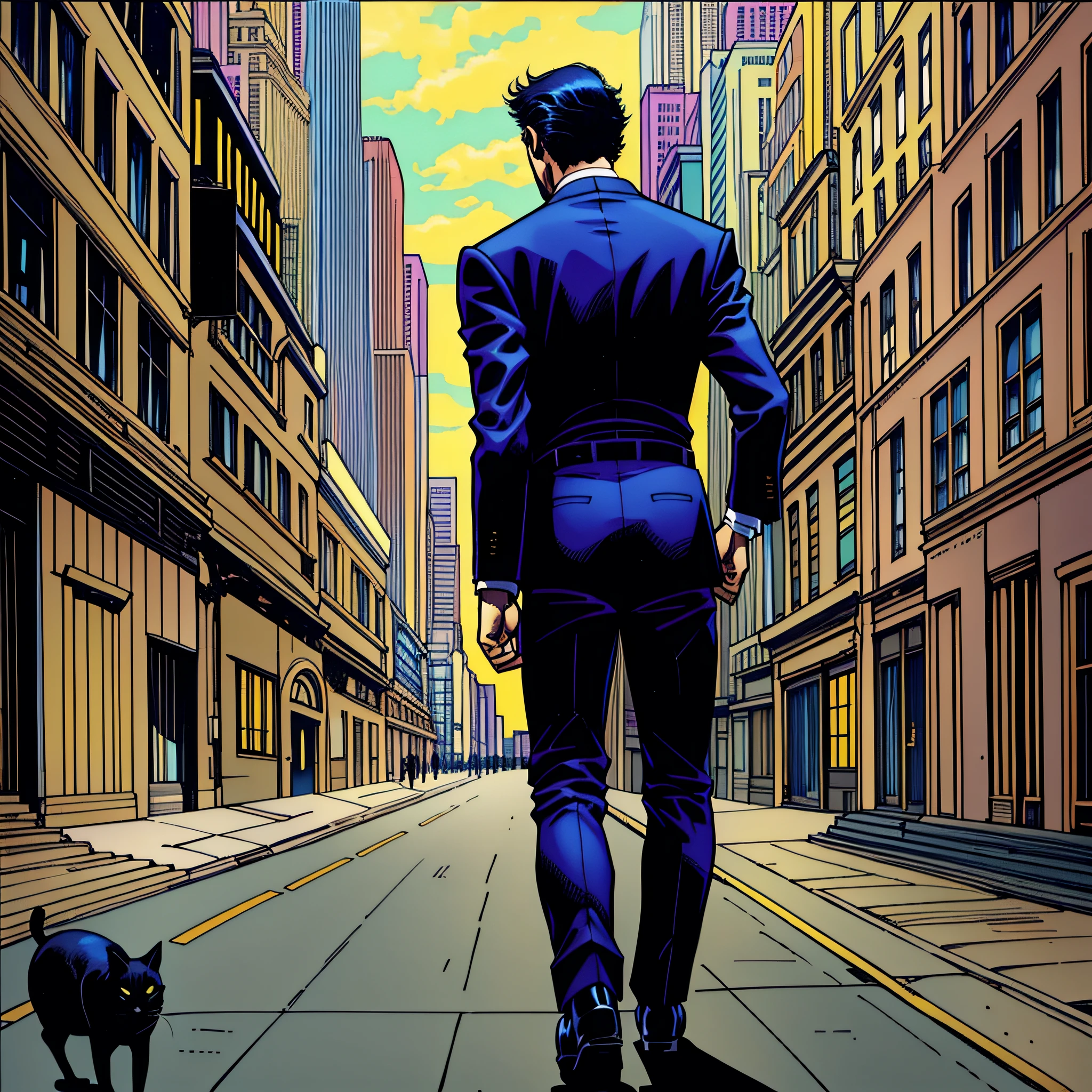 ((highest quality)), back view of a man in a suit leaving the city with a black cat, Mobius Jean Giraud, Pande Cine