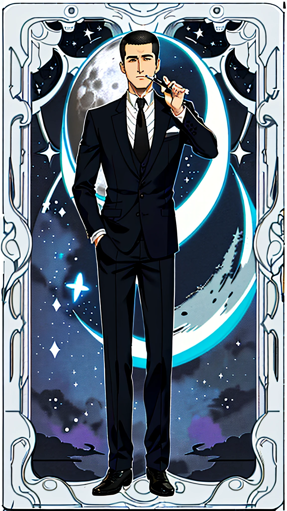 masterpiece, best quality, full body, card, 1 man, the moon, calm, clever, short hair, black hair, brush cut, standing, blue, night sky, purple, book, pen, buzz cut, black suit, royal, gentle, man, center, best pose