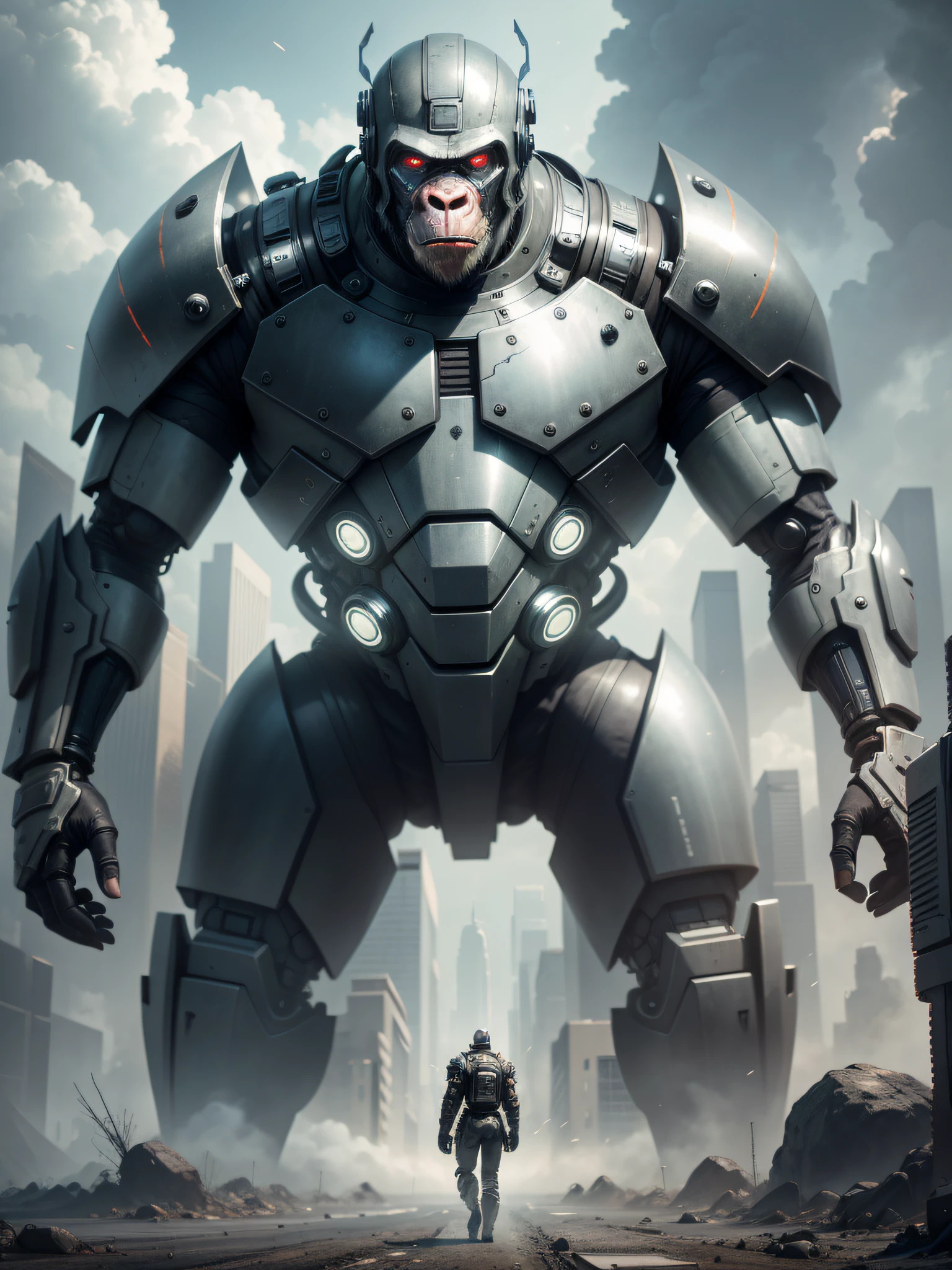 In a dystopian future, where the line between humans and machines has become blurred, an ape-headed man emerges as a symbol of transformation. Dressed in imposing cybernetic armor, he walks through a post-apocalyptic world where technology and savagery mingle. The desolate and reflected landscape reflects the chaotic state of society. The image, in high quality and rich in detail, transports the viewer to a futuristic and intriguing universe.