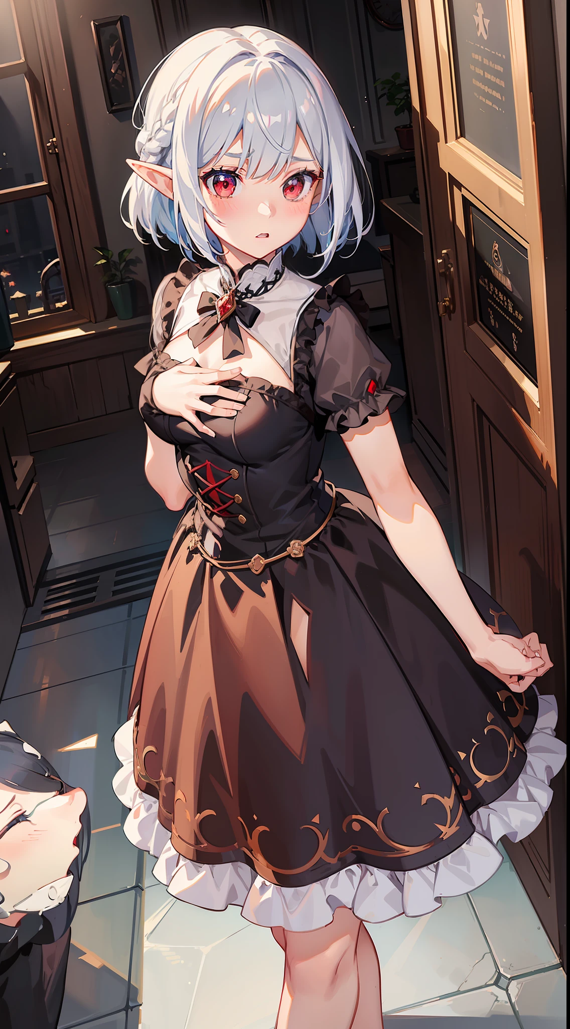 1 Girl's full body, elf, silver hair, red eyes, bob cut, braid, dress, long skirt, dark room, indoors, facing front, (putting both hands on their face), (surprised), (blush), concept art, beautiful anime scene, beautiful anime scenery, top rating on pixiv, top quality, 4K