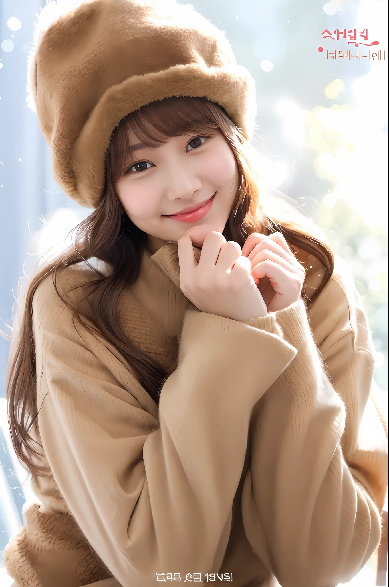 Allad woman with long brown hair and tan sweater, warm and gentle smile, mink hat, young cute Korean face, in Yeonnam, smile sweetly, cute Korean actress, slightly cute smile, ulzzang, Lee Ji-eun, Lee Ji-eun, young cute manya face, innocent smile, neat hair with bangs, Kim Young-hin, cute smile, warm smile