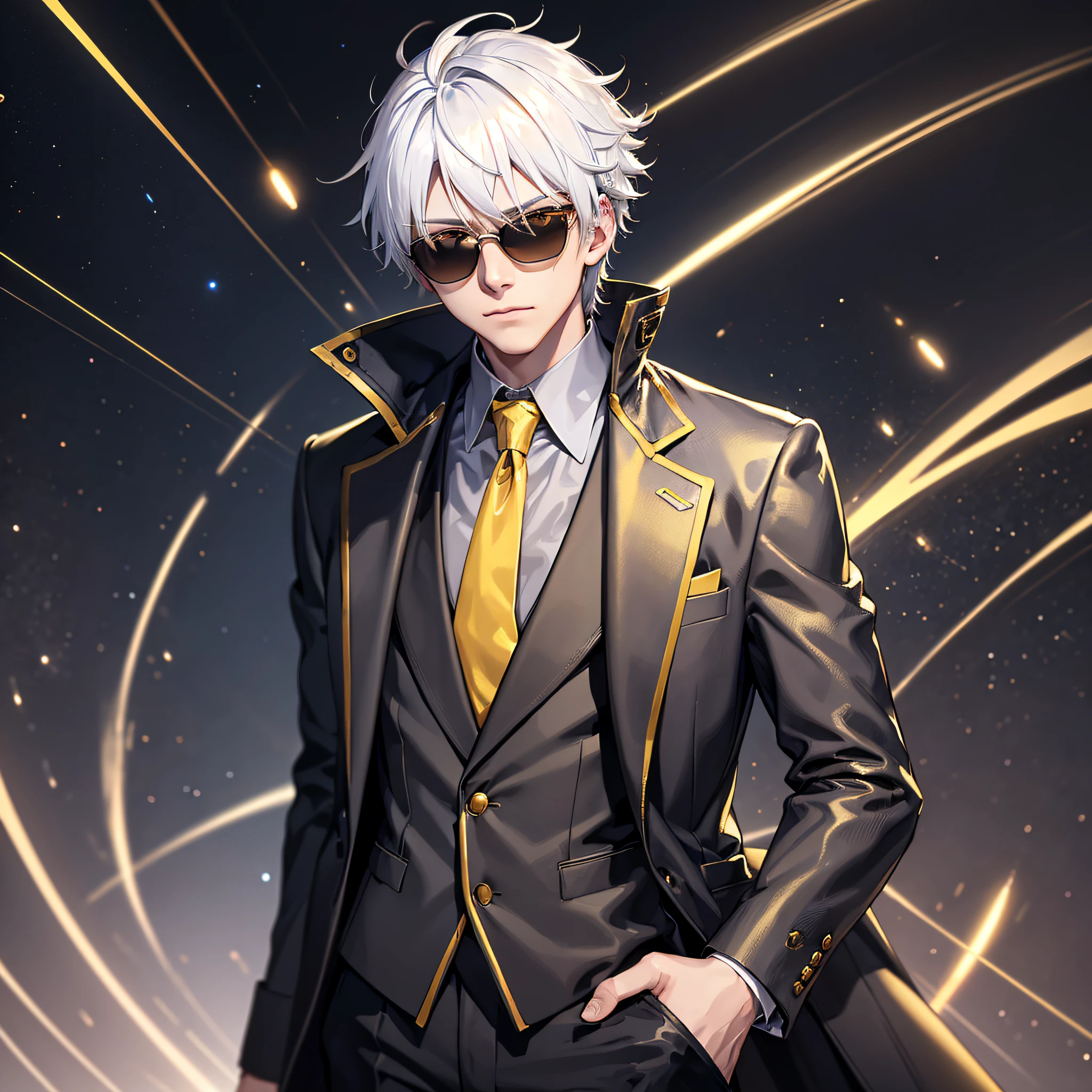 1boy, white hair, yellow eyes, sunglasses, black suit, red tie, silver, gold, looking at camera, light power, space background, good physique, 4k