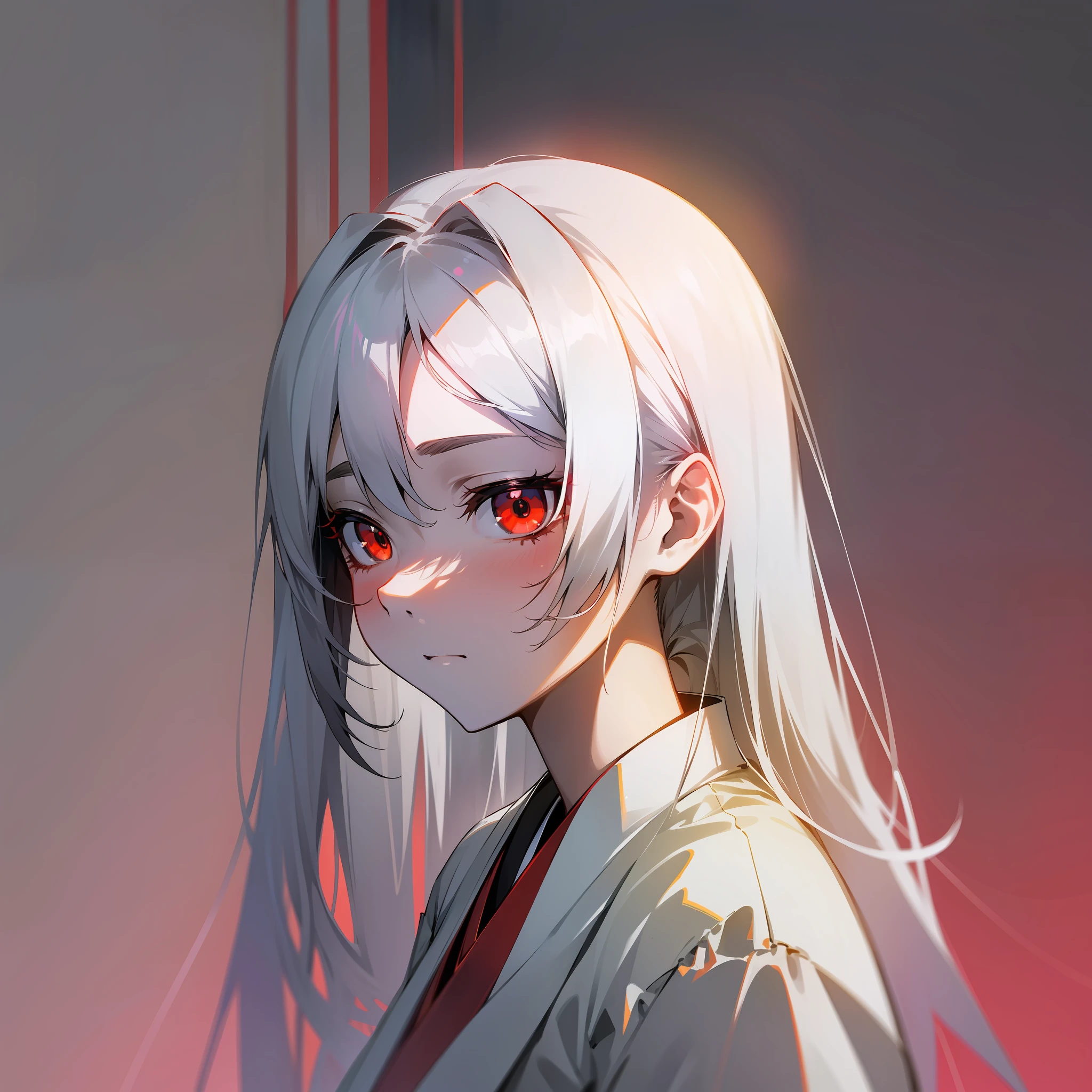 (Japanese anime, slender, glossy, light and shadow, shadow, tsundere style), best image quality, silver hairstyle, red eyes, white shirt, monochrome background.