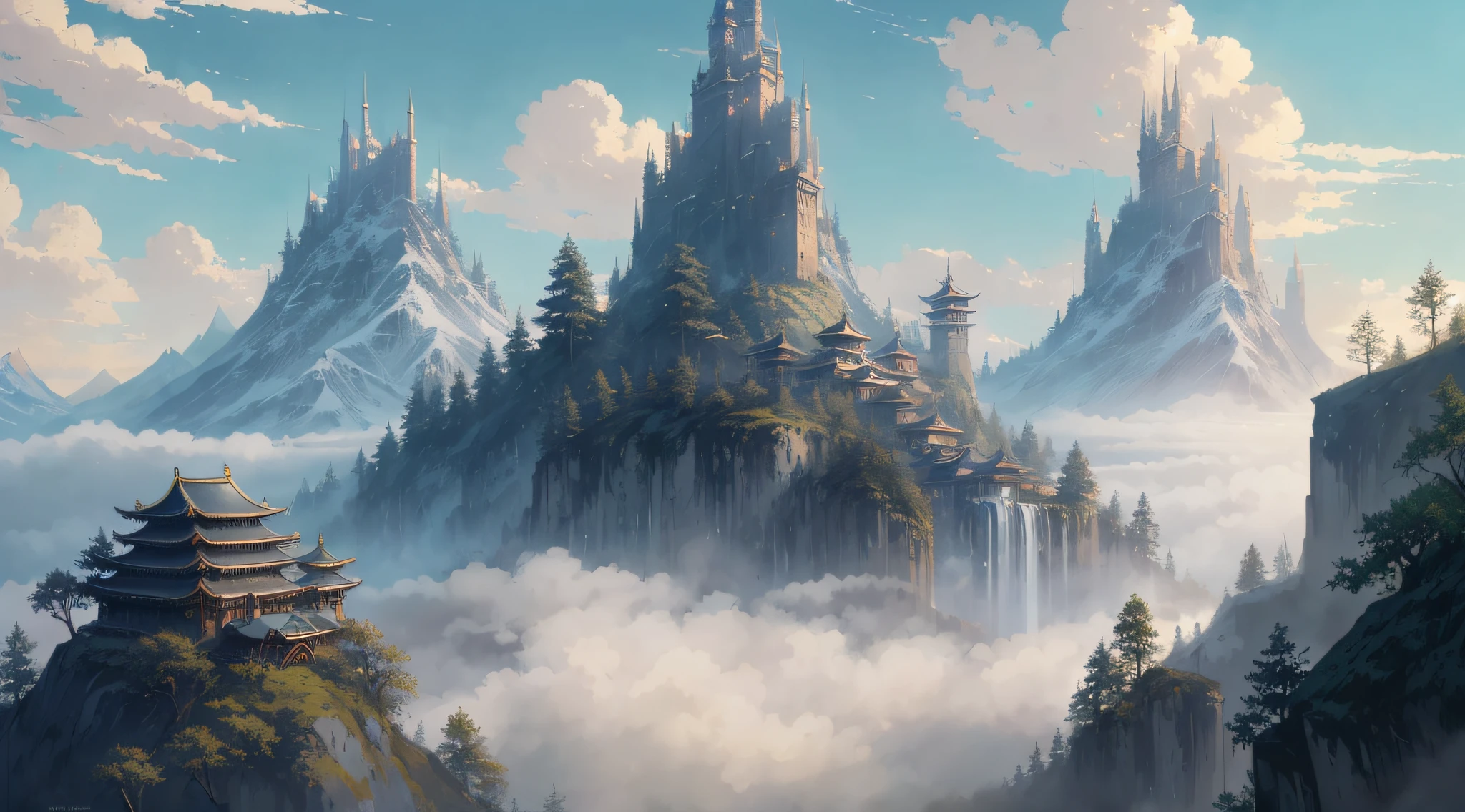 High detail RAW painting, epic composition, animation, (Xiuxian, fairy world), mysterious atmosphere, holy place, magnificent sect building, mountain top, continuous mountains from the clouds, (depth of field), fairytale blue sky and white clouds, 135mm ultra-wide angle lens, soft light, light fog, epic CG. (Muscle), moss rock (detailed skin, skin texture), intricate detail, fine detail, hyper detail, ray tracing, Atey Ghailan, Jeremy Mann, Greg Manchess, Antonio Moro, trends on ArtStation, trends on CGSociety, intricacies, high detail, clear focus, dramatic, realistic painting art, by midjourney and Greg Rutkowski, background bokeh