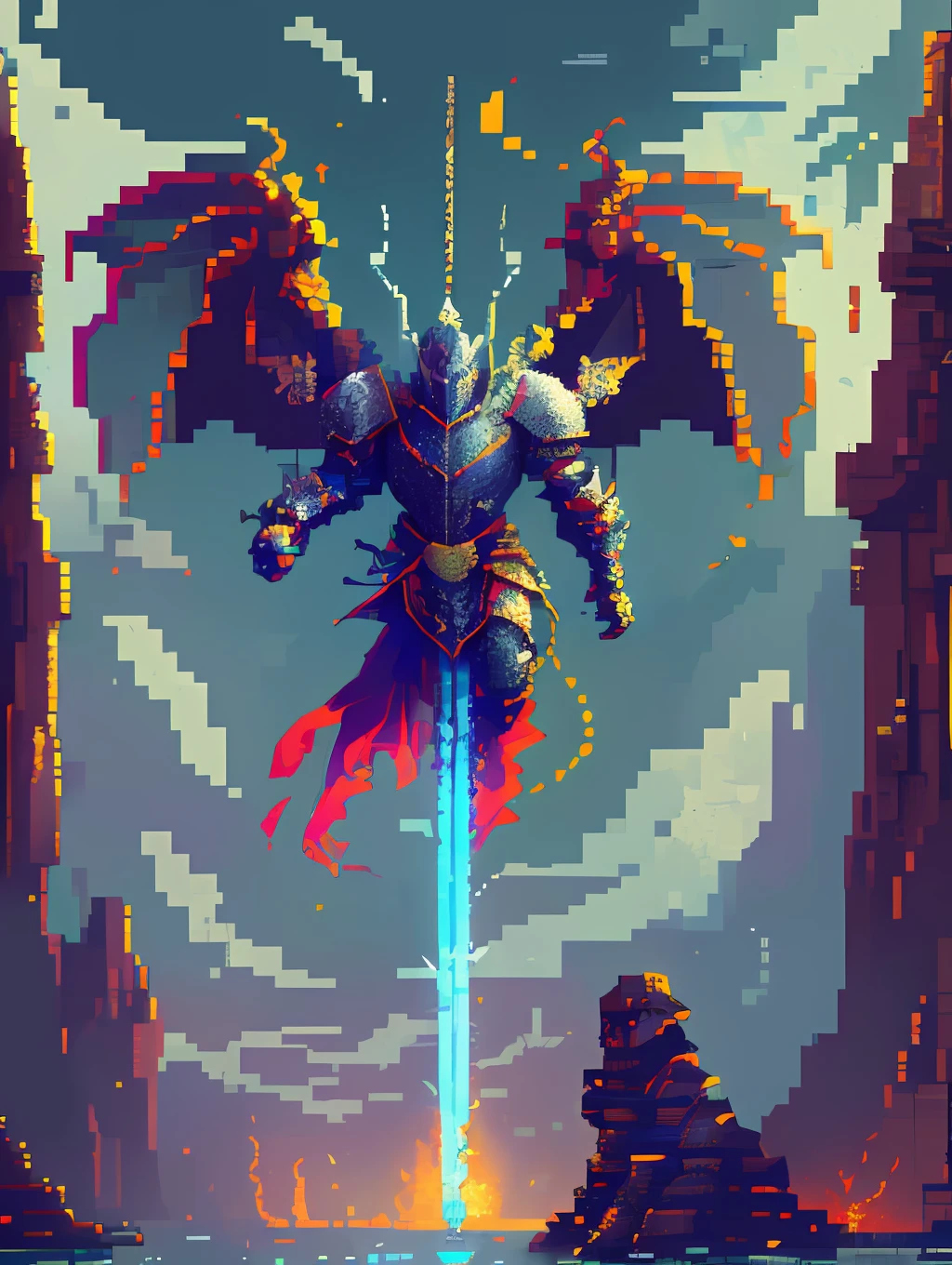 Pixel Art, game scene, a knight in armor with dragon wings on his back. 16bitscene, oil painting style, majestic and powerful brushstrokes, hideous and terrifying forms sticking and detached, the picture is full of tension and shock.