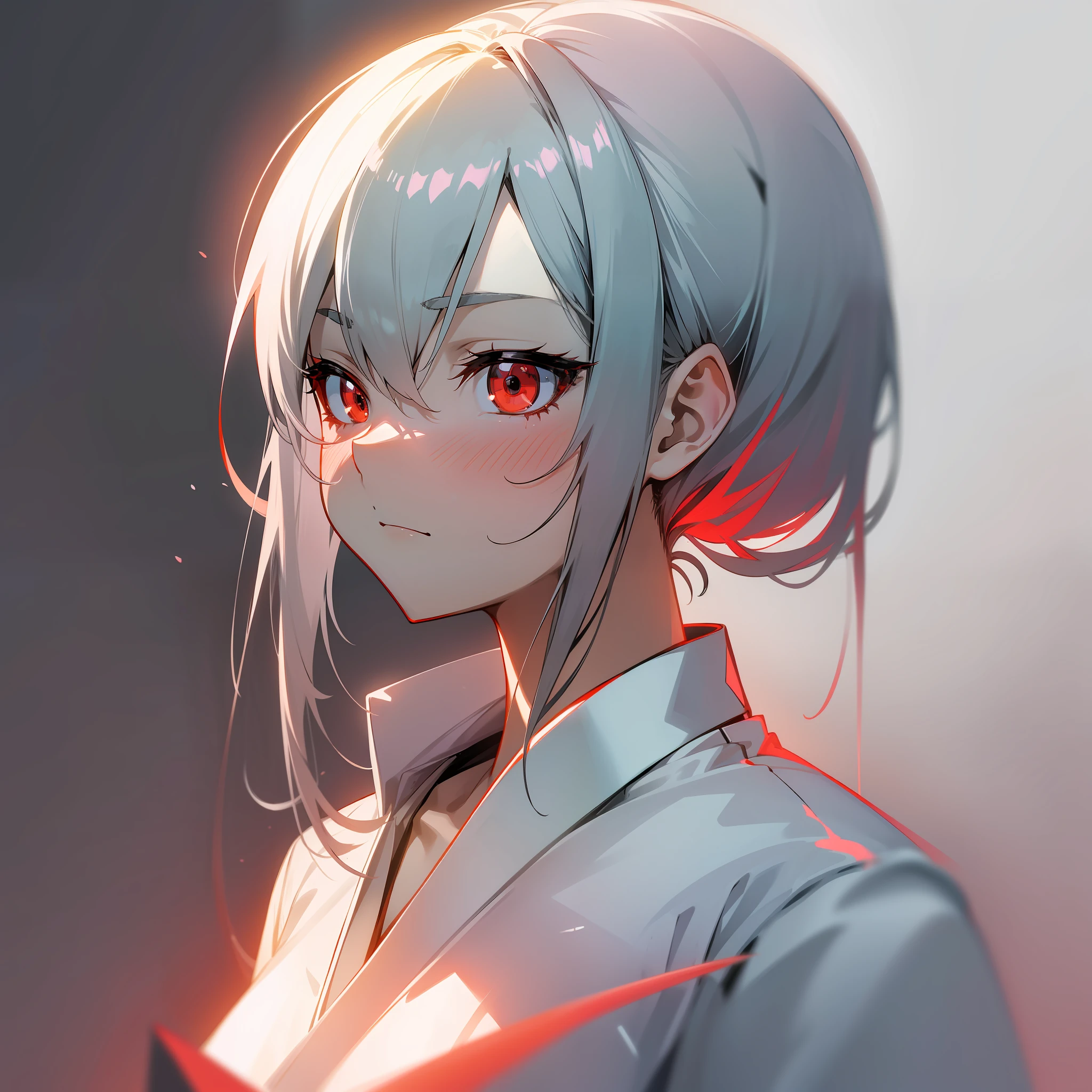 (Japanese anime, slender, glossy, light and shadow, shadow, tsundere style), best image quality, silver hairstyle, red eyes, white shirt, monochrome background.