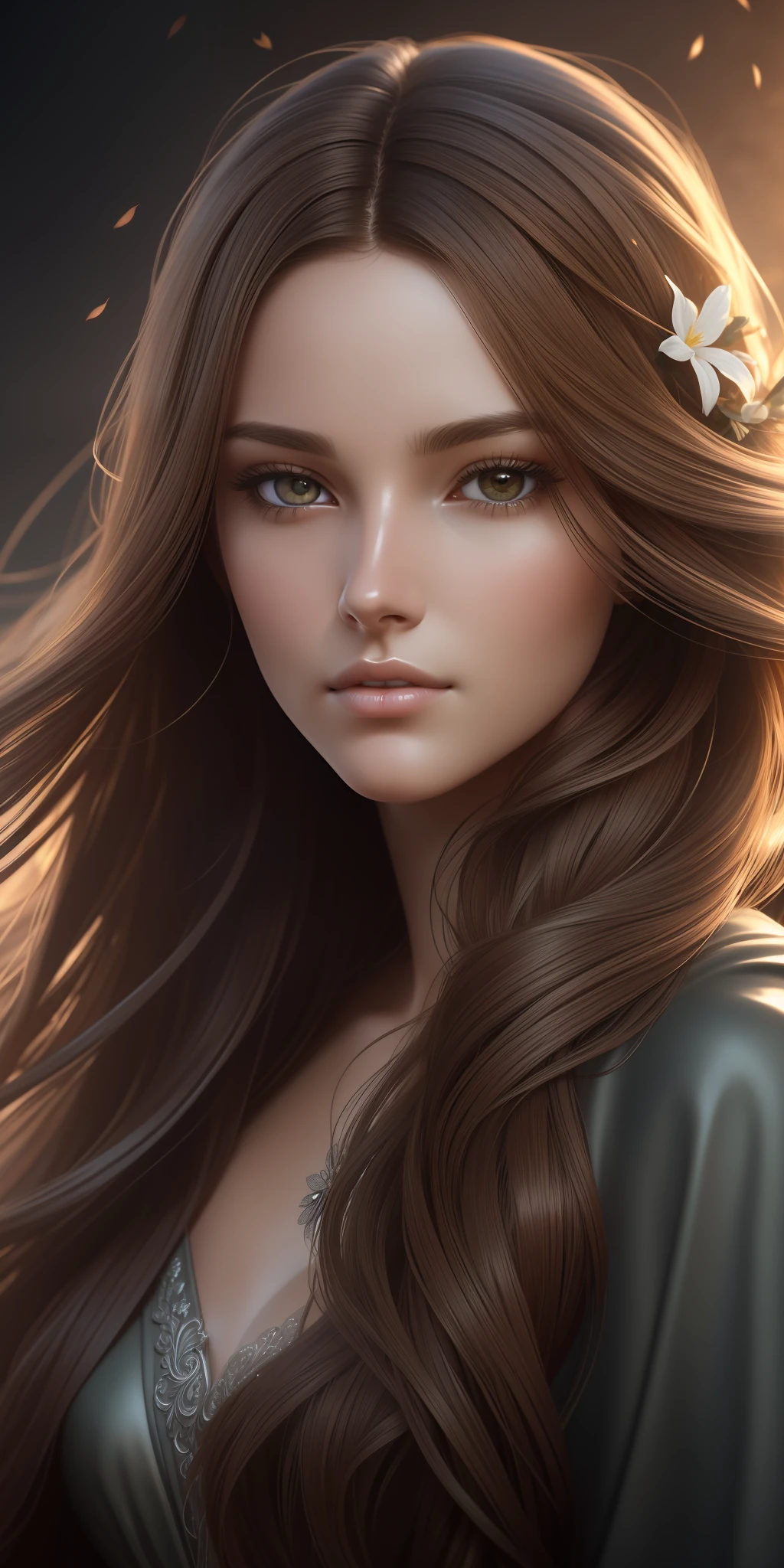 Concept art, smooth, sharp focus, Painting of a woman with long brown hair and a flower in her hair, detailed hazy hair, bright wlop skin, perfect face shaded ealistic, ethereal vaporous tanned skin, shiny flowing hair, long and shiny ethereal hair, LBLSCK hair, stylized portrait H 640, realistic shaded perfect face, sensual expression, detailed sensual face,  detailed realistic face,art by Gustave Dore,octane render,4k