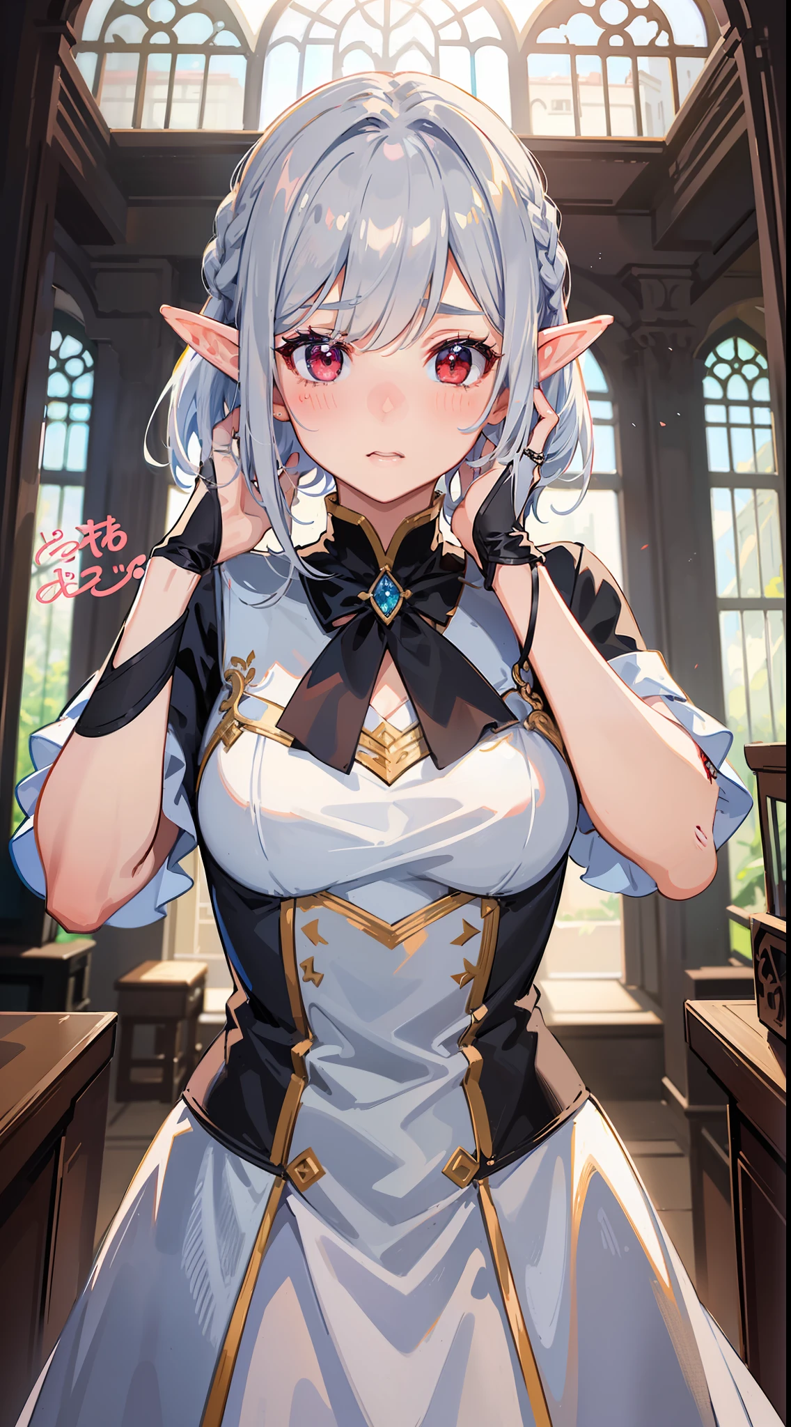 1 Girl close-up, elf, silver hair, red eyes, bob cut, braid, dress, long skirt, indoors, facing front, (putting both hands on their face), (surprised), (blush), concept art, beautiful anime scene, beautiful anime scenery, top rating on pixiv, best quality, 4K
