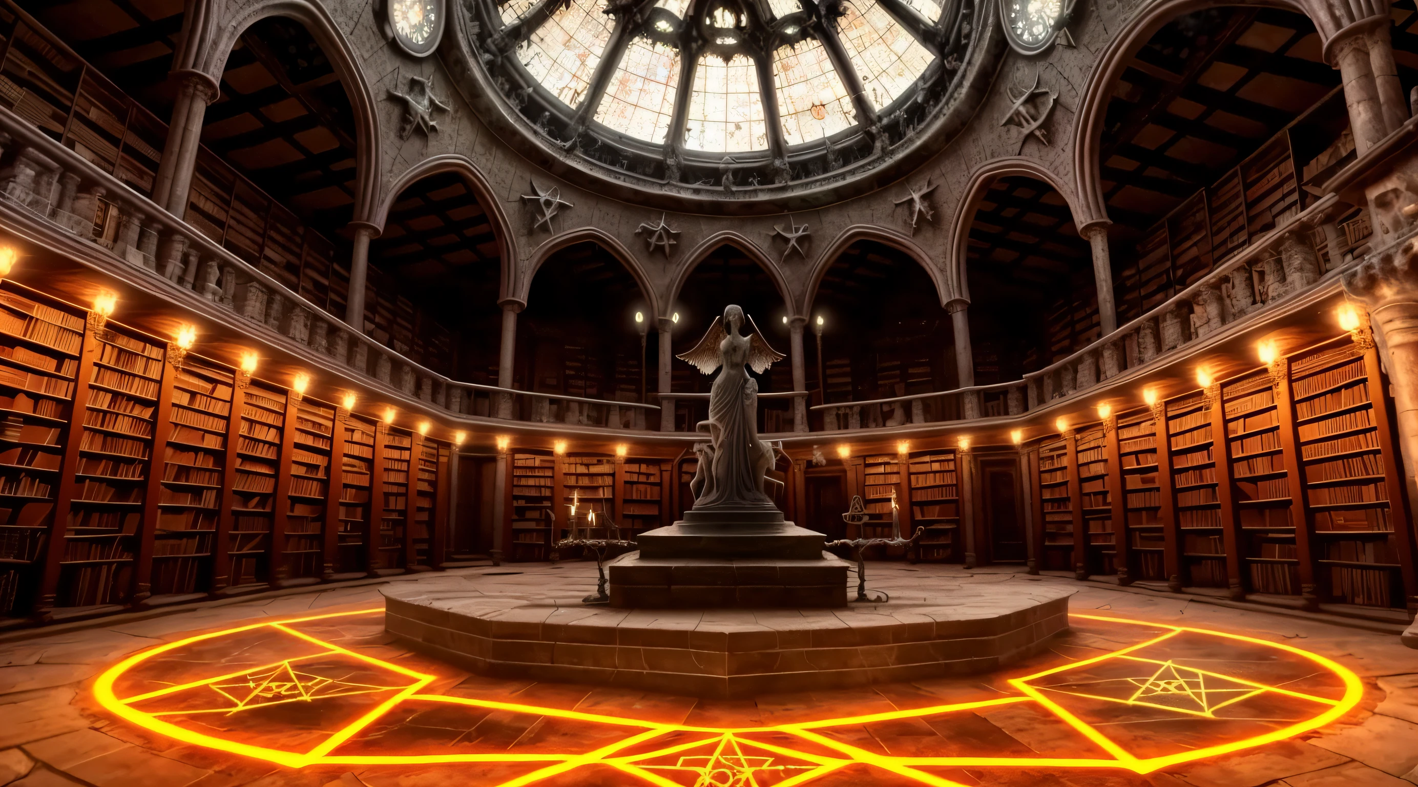 (spooky) photography of arcane magical (library), abandoned intricate detail, many levels, (spooky), dusty. ((((statue))) (female girl woman)), close up middle ages, medieval, (nude, wings), podium, jewelry, (realistic:1.3), masterpiece, high quality, realistic lighting, lamps, 8k, hdr, painted ceiling, (broken windows), ((ritual pentagram floor molten glowing altar)) circle, steampunk