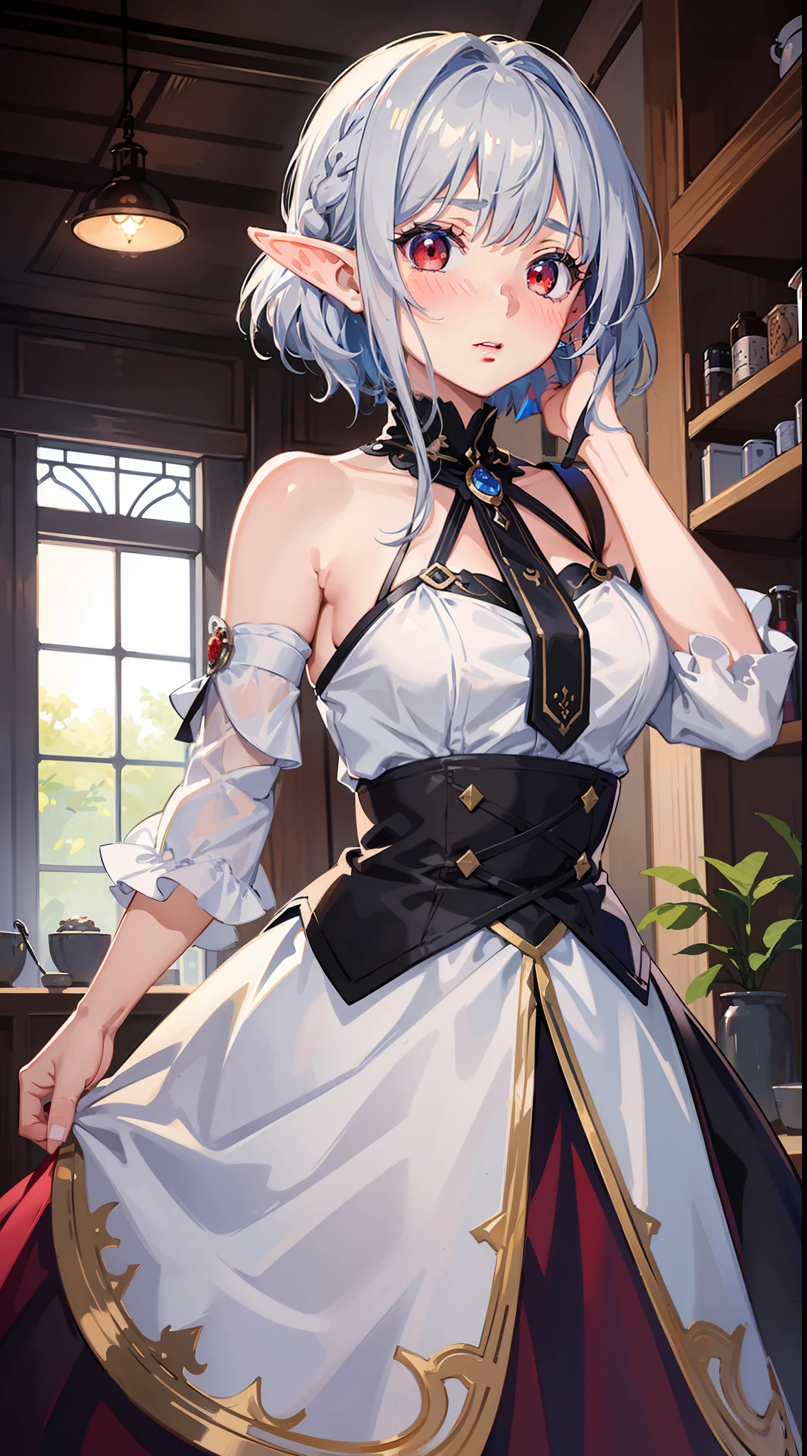 1 Girl close-up, elf, silver hair, red eyes, bob cut, braid, dress, long skirt, indoors, facing front, (putting both hands on their face), (surprised), (blush), concept art, beautiful anime scene, beautiful anime scenery, top rating on pixiv, best quality, 4K