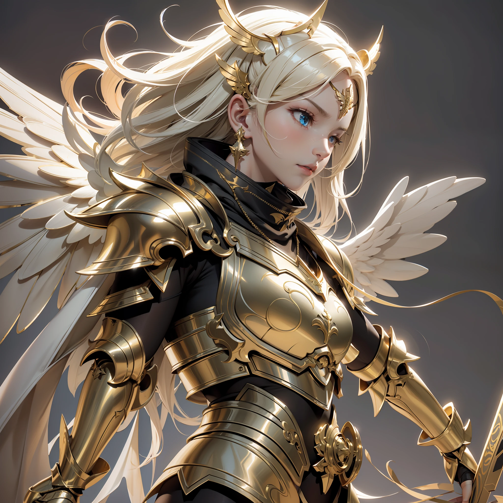 An angel warrior, (with a pair of golden wings on his back), ((metal wings)), ((golden armor)), high detail, (beautiful face), perfect facial features, golden hair, golden sword, indifferent, arrogant, invincible, atmospheric, macro, realistic, HDR (high dynamic range), ray tracing, NVIDIA RTX, super resolution, Unreal 5, subsurface scattering, post-processing, anisotropic filtering, depth of field, maximum sharpness and sharpness, Albedo and Specular Mapping, Surface shading, Accurately Simulating Light-Material Interactions, Perfect Proportions, Octane Render, Duotone Lighting, Large Aperture, Low ISO, White Balance, Rule of Thirds, 8K RAW, High Efficiency Sub-Pixel, Subpixel Convolution,