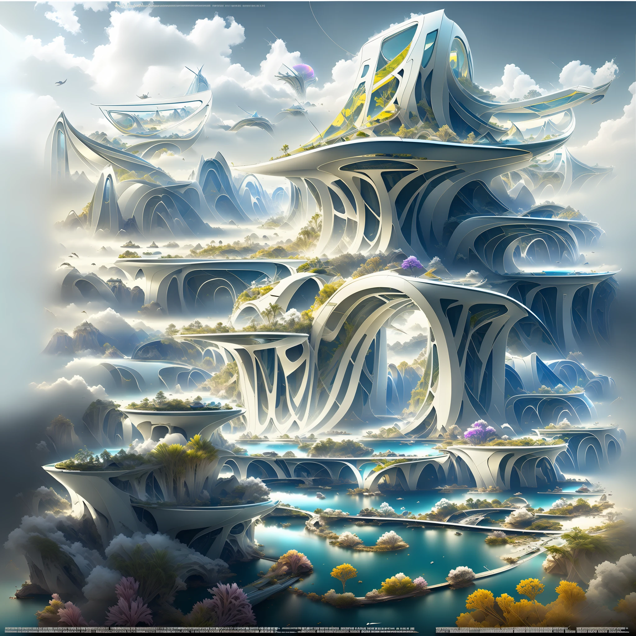 Airbrush drawing --v 5.1 style Futuristic design of an awesome sunny day environment concept art on a futuristic terrain with huge waterfalls,streams, mangroves,nature architecture, proportional,detailed,bright clouds, nature meets futuristic architecture by Santiago Calatrava and Vincent Callebaut with futuristic development, high rise made up staircases, balconies, full of composite glass facades, residential spaces carved from cliff side ,trending on artstation, beautiful lighting,In the style , fantasy, intricate, award winning, 4k, highest quality