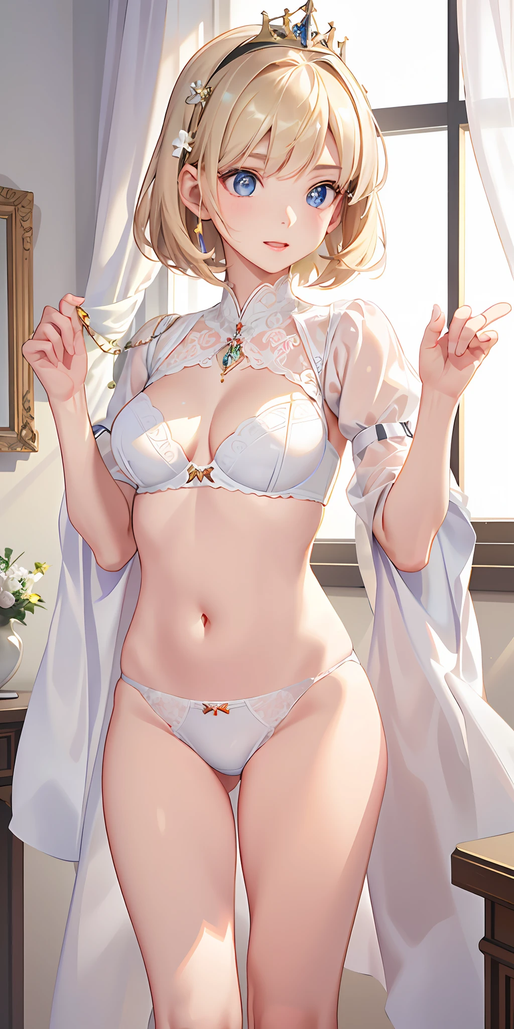 (Real: 1.4), (Masterpiece, Sidelights, Fine Beautiful Eyes: 1.2), Masterpiece*Portrait、、、、, Realistic, 3D Face, Glistening Eyes, Glossy Hair, Skin Falling Out, Solo、、、、, Embarrassing, (Epigastric), White Underwear, Blonde Hair, (Princess)
