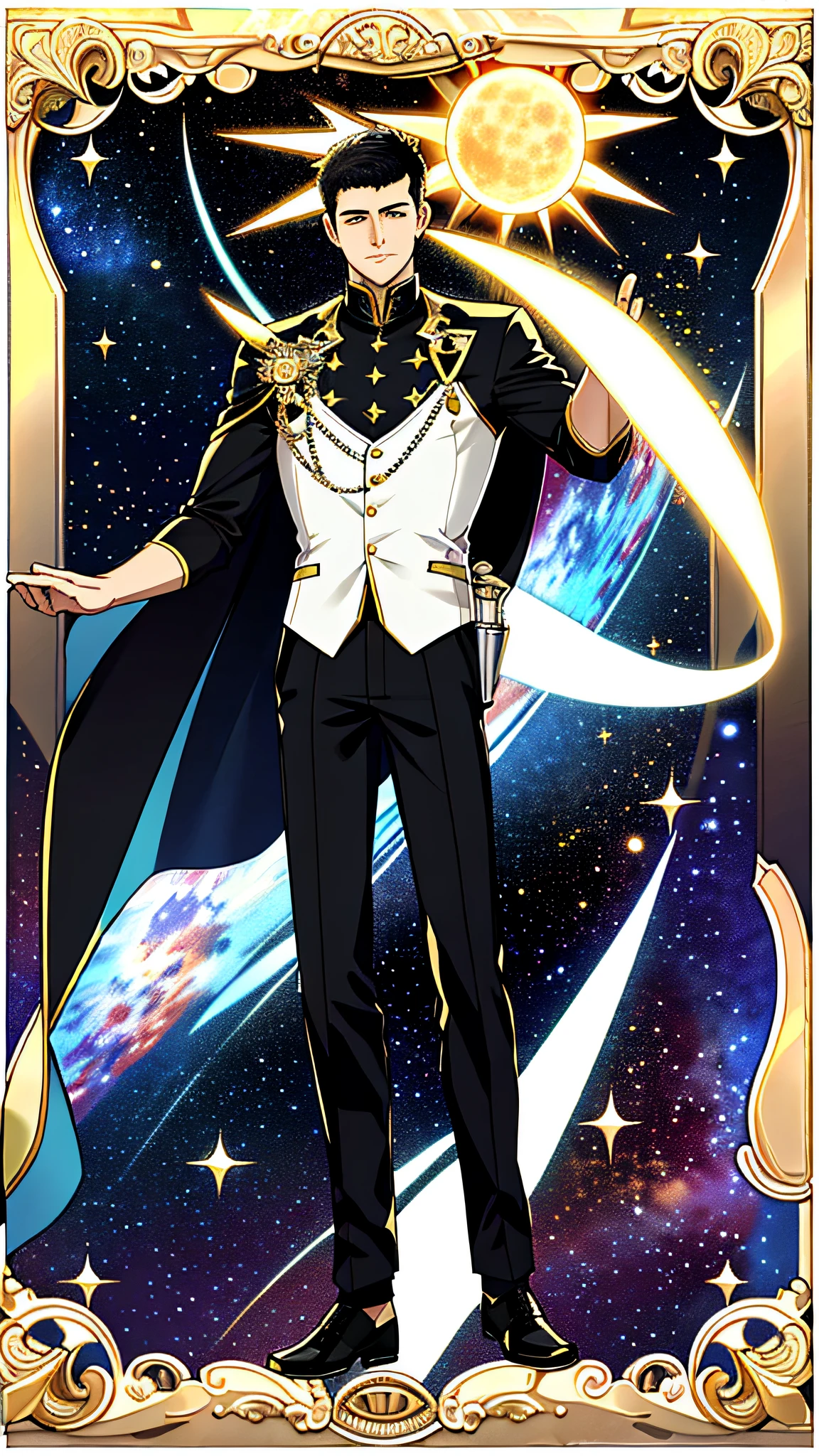 masterpiece, best quality, full body, card, 1 man, eclipse, space, galaxy, short hair, black hair, brush cut, standing, black and white, sun, moon, white, buzz cut, bara, muscle, god, divine, cape, halo, center, best pose, etherious, crystal,man, power, magic, hand using magic, golden, royal