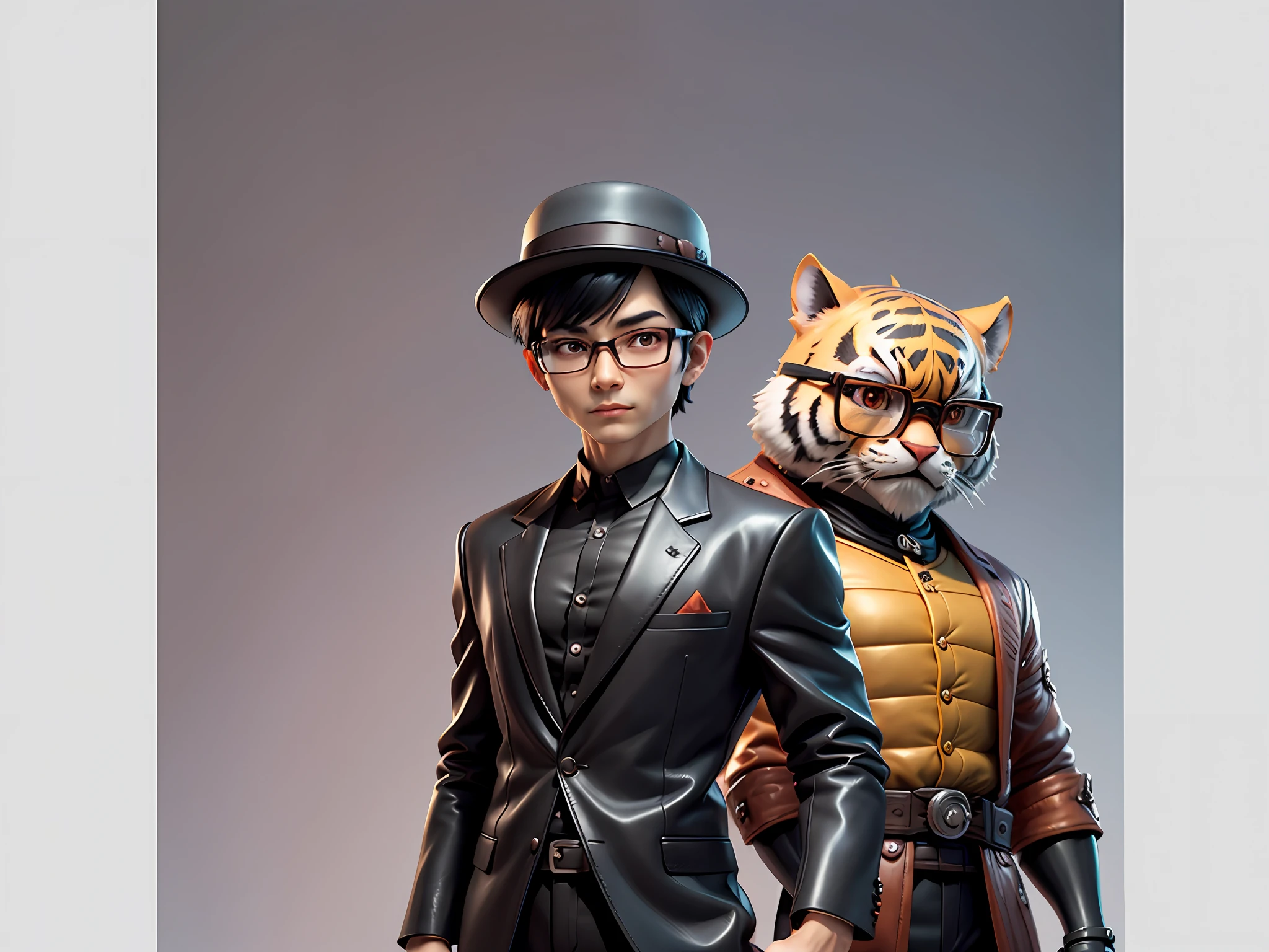 Young man with oriental face in leather hat, tiger, oriental face in formal suit, short black hair, silver glasses, digital painting, 3D character design by Mark Clairedon and Pixar and Hayao Miyazaki and Akira Toriyama, the illustration is a high-definition illustration in 4K resolution with very detailed facial features and cartoon-style visuals.