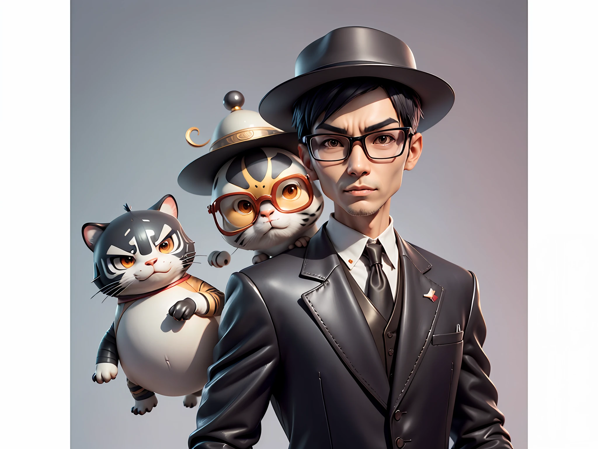 Young man with oriental face in leather hat, tiger, oriental face in formal suit, short black hair, silver glasses, digital painting, 3D character design by Mark Clairedon and Pixar and Hayao Miyazaki and Akira Toriyama, the illustration is a high-definition illustration in 4K resolution with very detailed facial features and cartoon-style visuals.