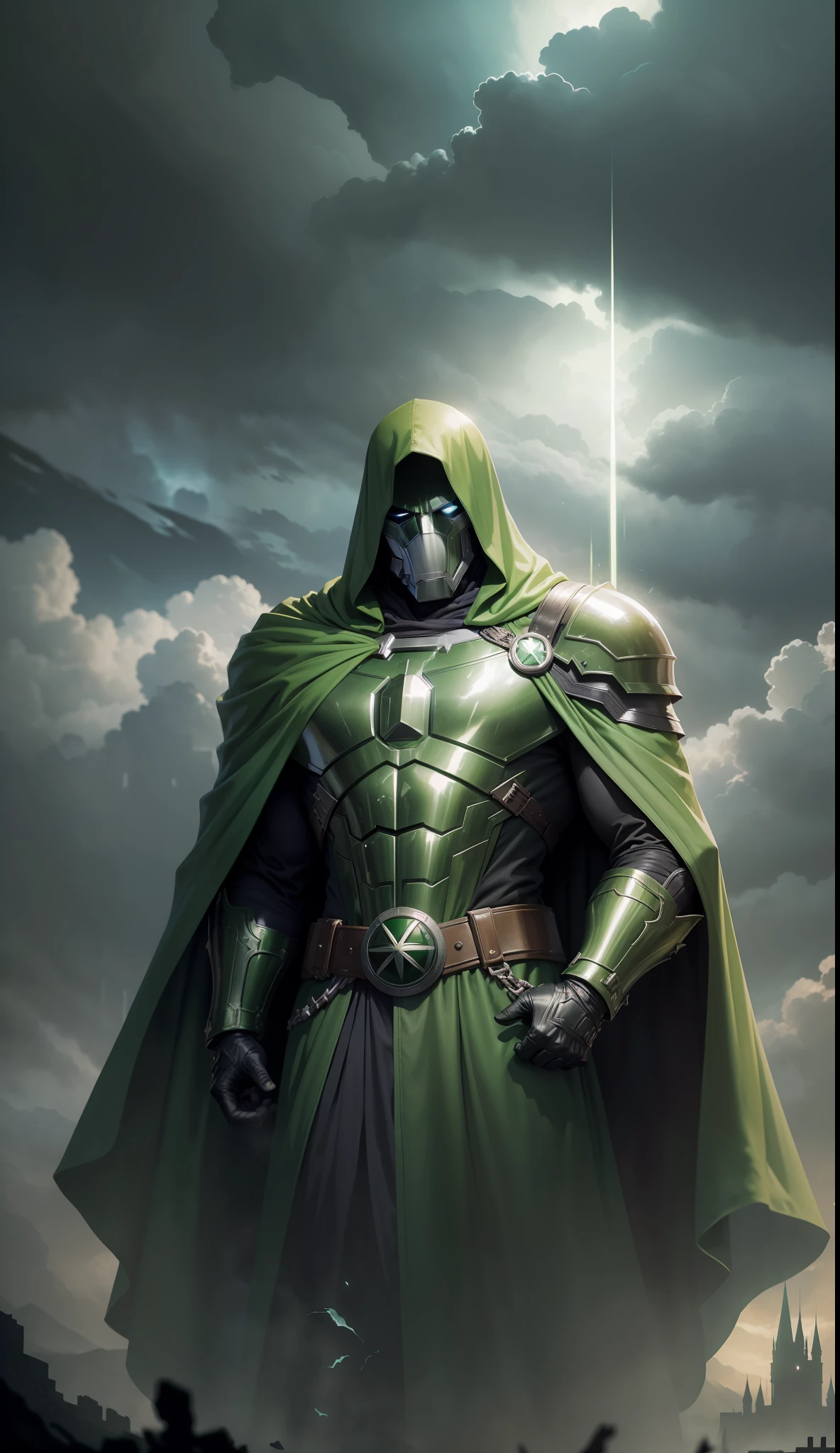 Marvel's Doctor Doom stands under a dark and gloomy sky wearing bright green armor and a flowing green cape. His iron mask glistens in the dim light as a large, ominous castle looms in the far background, reminiscent of the epic Marvel comics. Realistic