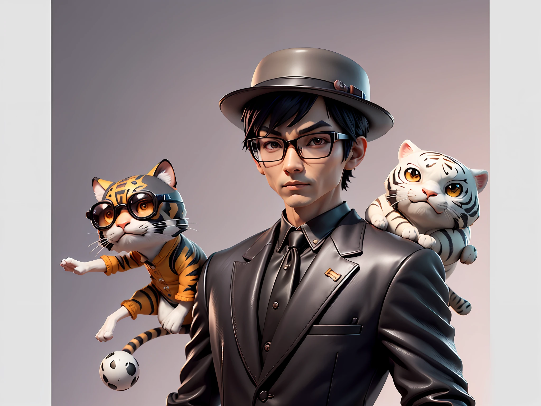 Young man with oriental face in leather hat, tiger, oriental face in formal suit, short black hair, silver glasses, digital painting, 3D character design by Mark Clairedon and Pixar and Hayao Miyazaki and Akira Toriyama, the illustration is a high-definition illustration in 4K resolution with very detailed facial features and cartoon-style visuals.