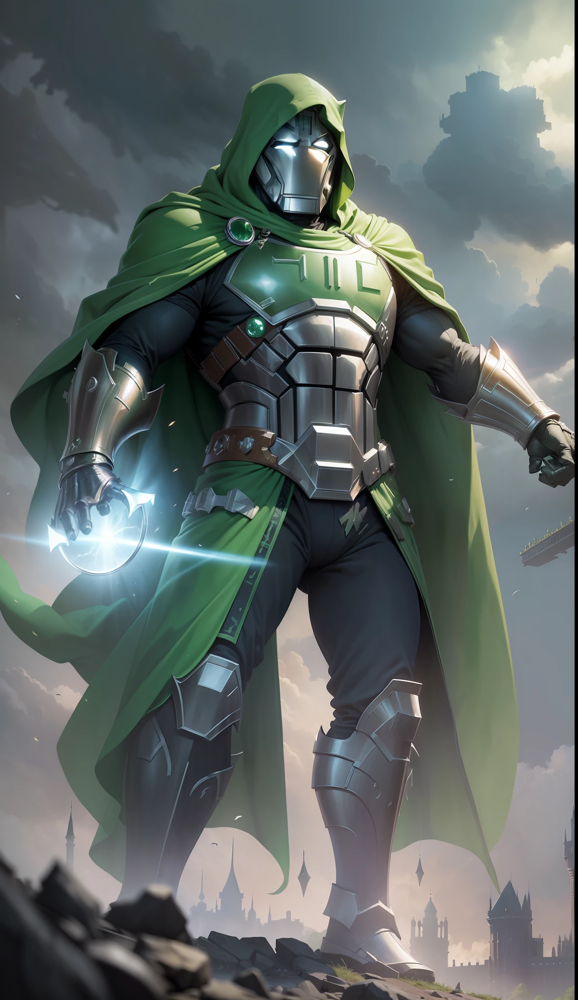 (masterpiece),best quality,ultra-detailed CG unity 8k wallpaper,(Doctor Doom wearing armor:1.3) with a green cape and iron mask standing under a dark and gloomy sky, (large castle:1.1) in the far background, (Marvel comics inspired:1.2), Volumetric light, Gothic architecture.