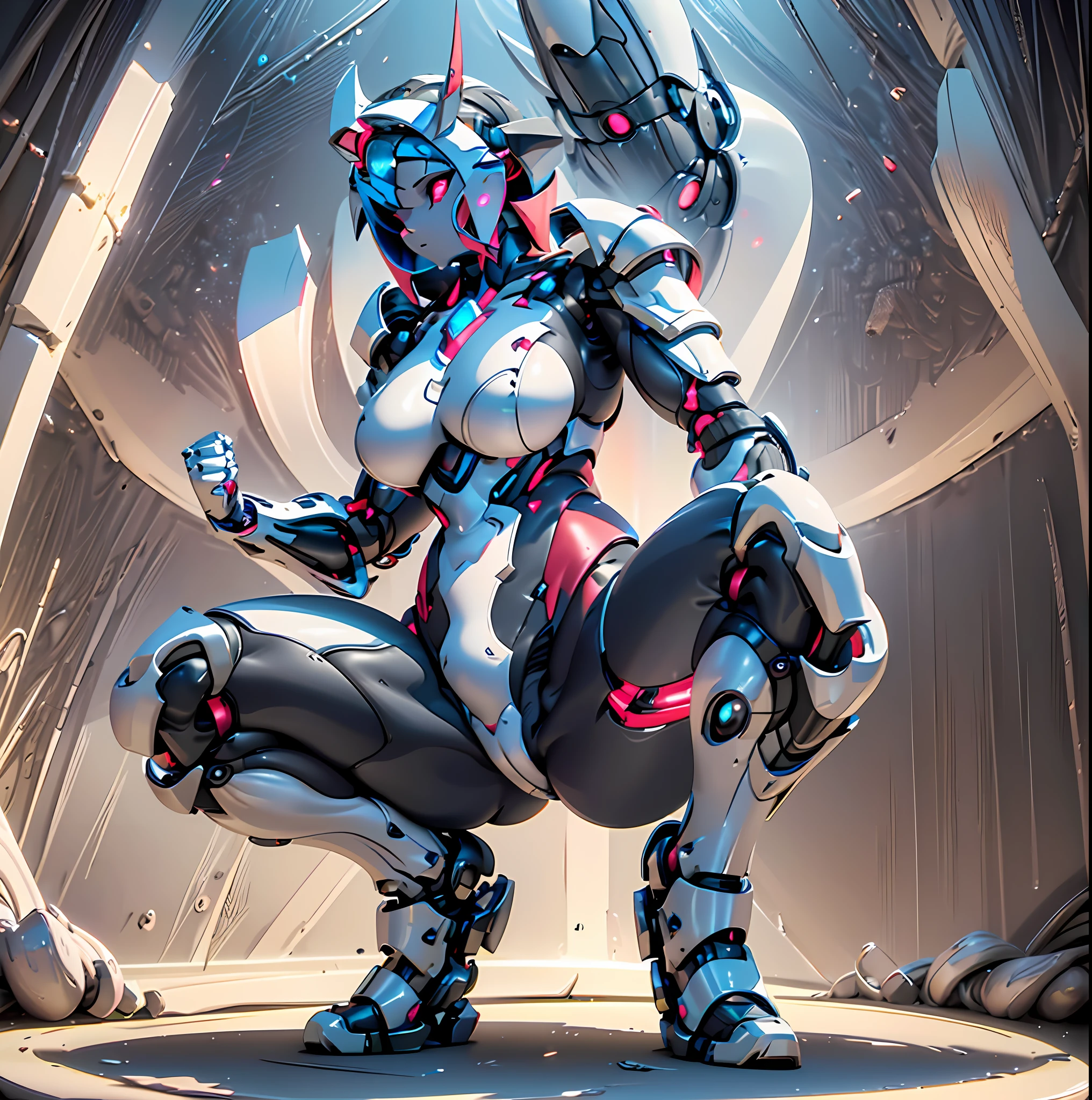 (Dark Environment: 2.0) Closed room, a girl armor with intoxicating curves, enchanting charm, and plump breasts, with a high degree of anthropomorphism, the armored body is a body with female human signs, the female human body is wearing a white one-piece rubber suit, the armor color is white, the armor surface is decorated with random symmetrical blue gemstones, the character's face is replaced with a mechanical, the vivid mechanical face is cute, the mecha is parasitized by red mechanized octopus tentacles, the mechanical tentacles and the host body are perfectly integrated, The mechanical tentacles are perfectly integrated with the host organ, the armored whole body has obvious tentacle features, the clothing on the chest is replaced by three-point underwear formed by the winding of mechanical tentacles, the white chest that exposes human signs, the clothes of the butt are replaced by thong formed by the winding of mechanized tentacles, the white lower abdomen that exposes human signs, there are no extra tentacles around the character, the armor squats, shows the crotch in turn, shows the butt with both hands up, shows the chest (close-up), looks from the character's back when showing the armor back, and only renders one armor, There is no other armor in the picture, positive prompts: healthy, symmetrical, natural, properly proportioned, dynamic posture, human anatomy, correct proportions, smooth lines, two healthy arms, two well-proportioned legs, flexible fingers, stable gait, appropriate limb length, even muscle development, coordinated movements, correct range of motion for arm and leg joints, correct squatting posture, stable back, showing the back facing forward, naturally separate legs, even leg spacing, balanced upper body posture, Comfortable squatting position, relaxed hip muscles, coordinated contraction of leg muscles, healthy and flexible hands, well-proportioned and robust legs, suitable and comfortable shoes, good footing posture, ergonomic hand de