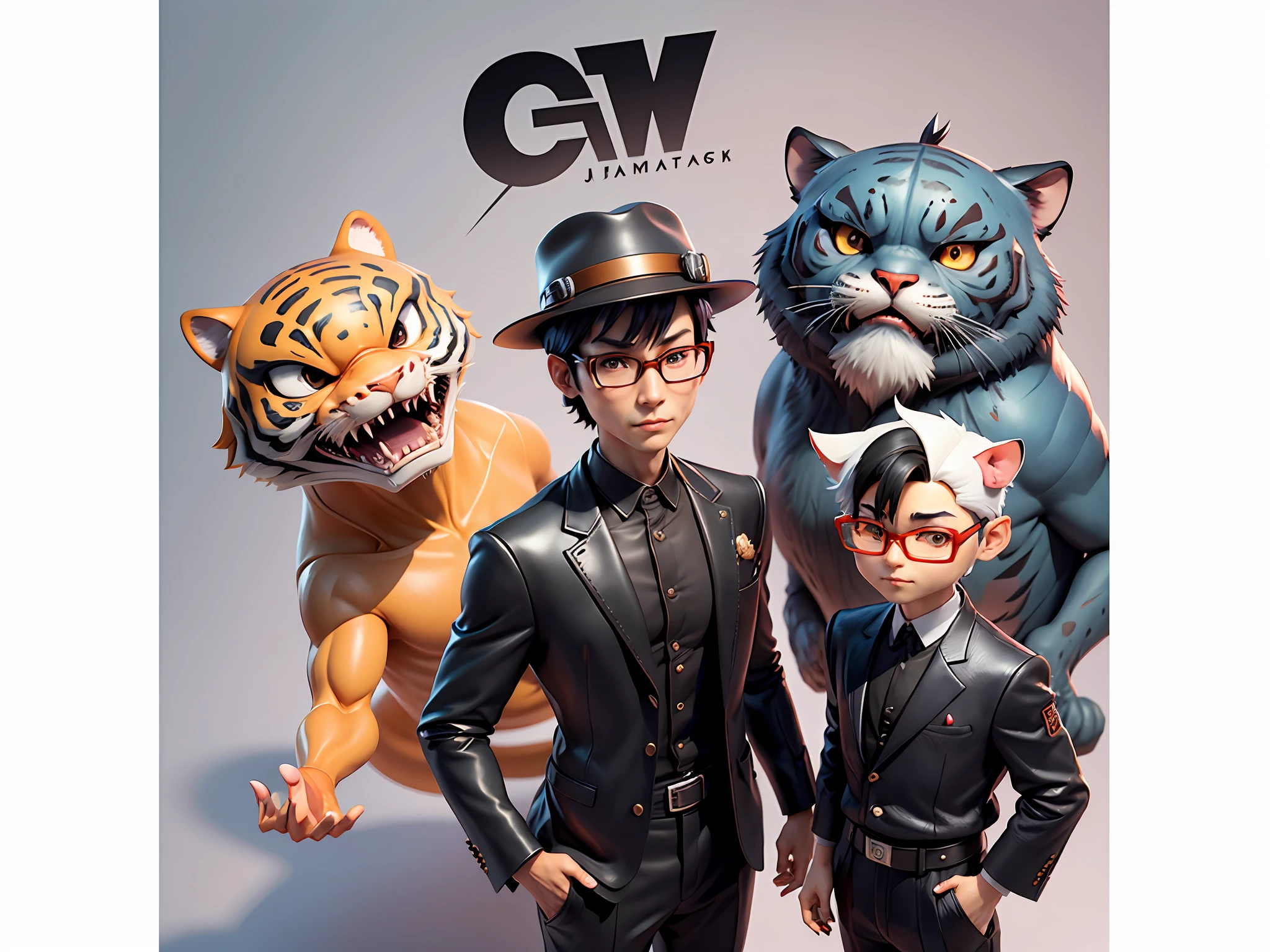 Young man with oriental face in leather hat, tiger, oriental face in formal suit, short black hair, silver glasses, digital painting, 3D character design by Mark Clairedon and Pixar and Hayao Miyazaki and Akira Toriyama, the illustration is a high-definition illustration in 4K resolution with very detailed facial features and cartoon-style visuals.