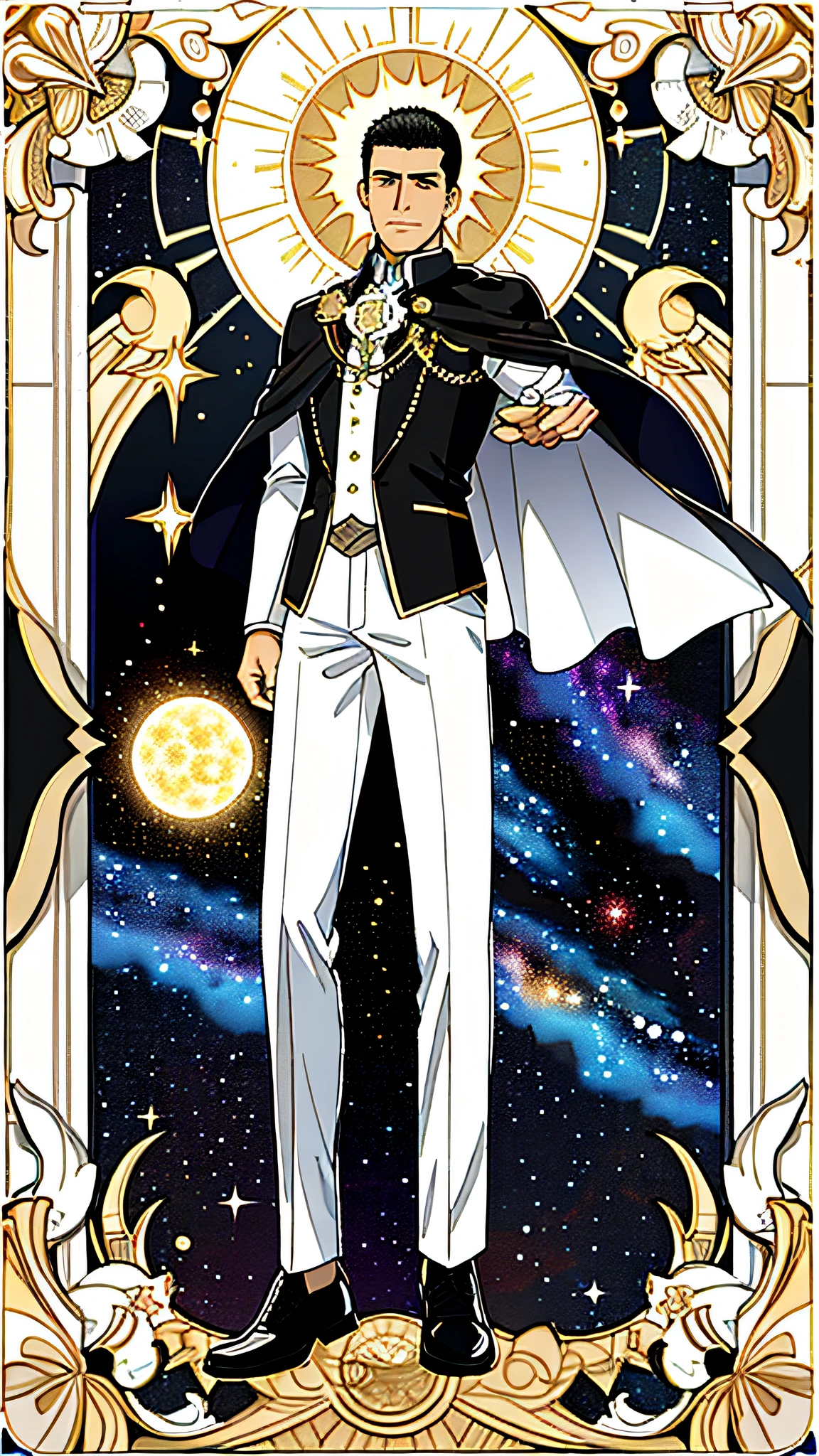 masterpiece, best quality, full body, card, 1 man, eclipse, space, galaxy, short hair, black hair, brush cut, standing, black and white, sun, moon, white, buzz cut, bara, muscle, god, divine, cape, halo, center, best pose, etherious, crystal,man, power, magic, hand using magic, golden, royal