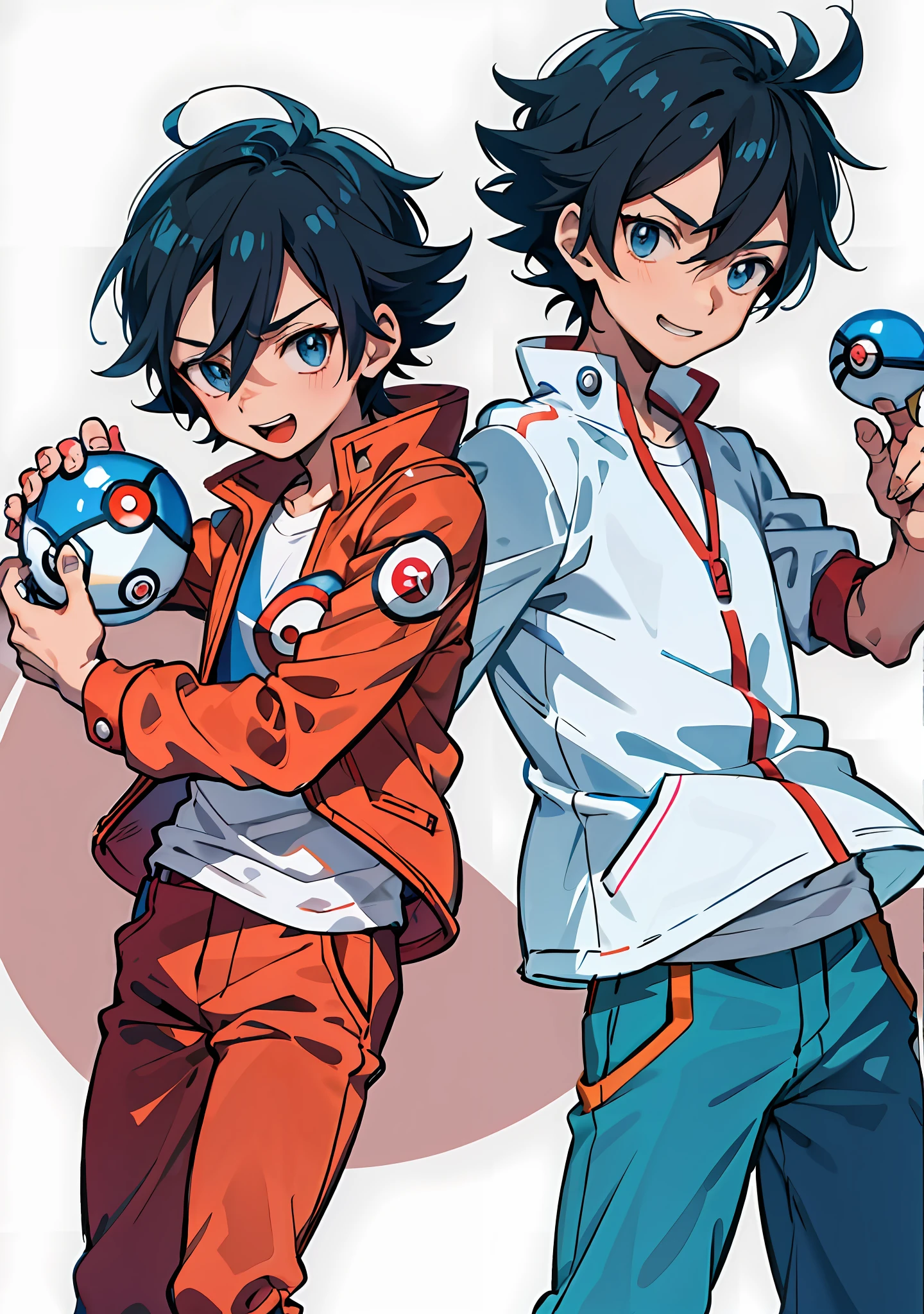Simple background, white background, cartoon of a little boy in a red jacket and blue pants holding a Poké ball, Pokemon Trainer, Ash Ketchum, Pokemon Trainer costume, inspired by Junpei Sato, inspired by Ken Sugimori, Pokemon style, Pokemon anime style, illustrated Pokemon, anime style characters, Pokemon fog, Tony started style