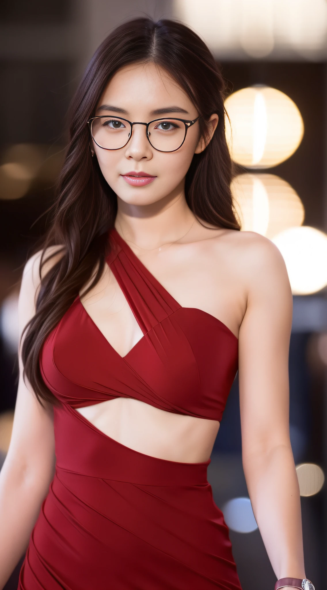 ((Realistic lighting, Best quality, 8K, Masterpiece: 1.3)), Clear focus: 1.2, 1girl, With Glasses, Perfect Body Beauty: 1.4, Slim Abs: 1.1, ((Dark Brown Hair, Big Breasts: 1.3)), (Red Dress: 1.4), (Outdoor, Night: 1.1), City Street, Super Fine Face, Fine Eyes, Double Eyelids