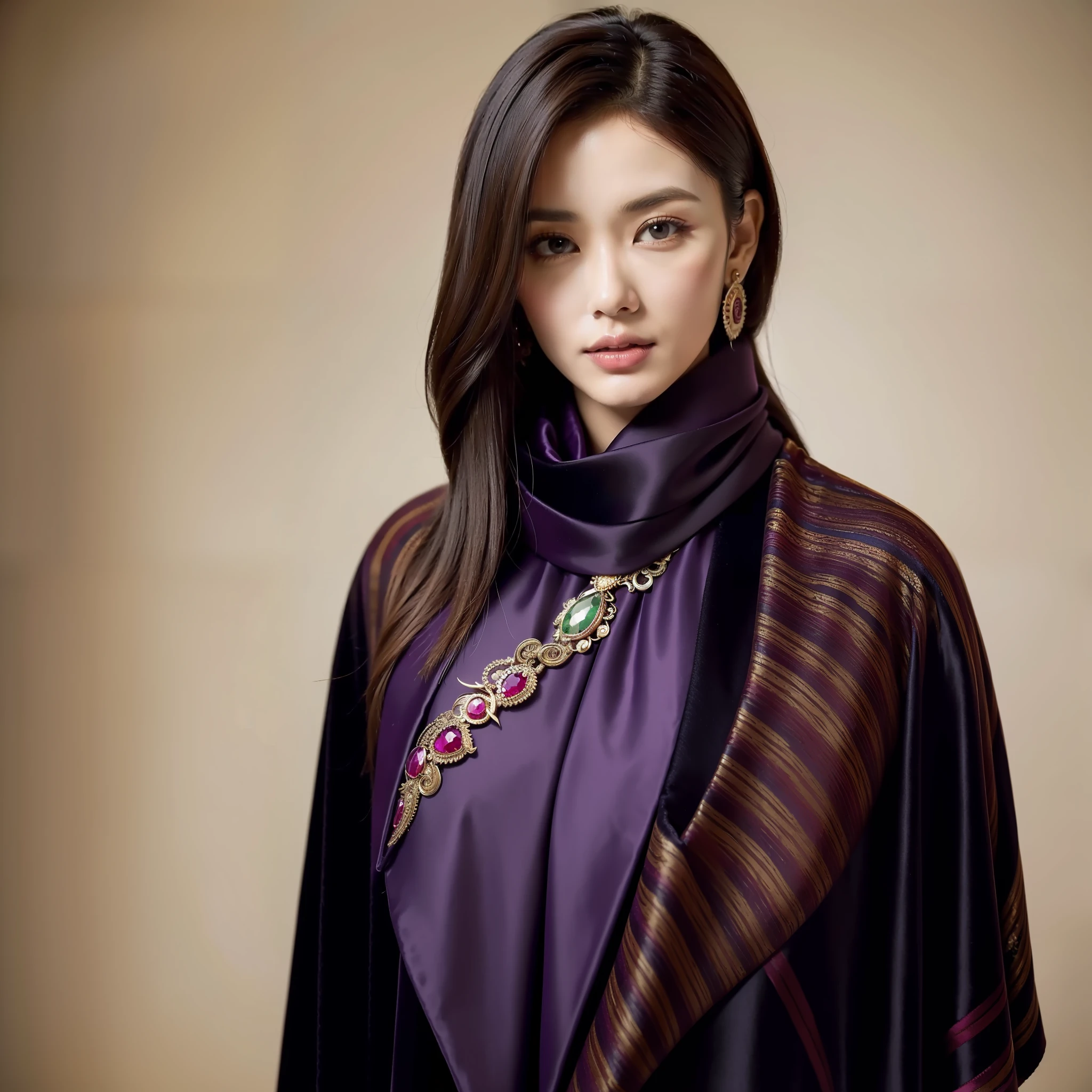 (Masterpiece, Top Quality, Best Quality, Official Art, Beauty and Aesthetics: 1.2), (1girl), Extreme Detail, Colorful, Highest Detail, Official Art, Uniform 8k Wallpaper, Ultra Detailed, Beautiful and Aesthetic, Beautiful, Masterpiece, Best Quality, (Zentangle, Wearing a Pale Brown Dress, Cream Indian Scarf in the Open Collar, Pinned to a Large Ruby Brooch. Wearing a dark purple black tartan velvet cloak, he has a slender figure and a dignified appearance. , flash image, PerfectNwsjMajic