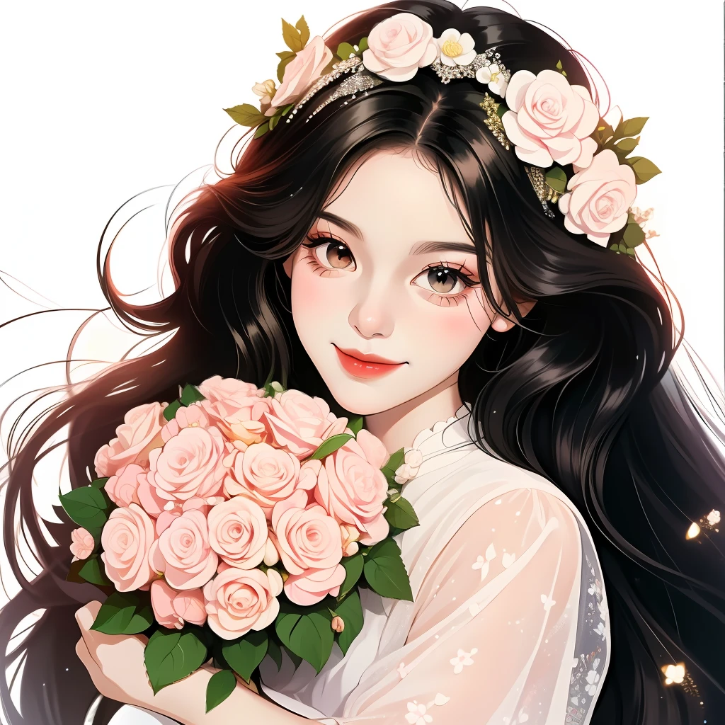 Sweet beauty touching, black hair))), ((slightly curly long hair)), (perfect eye painting), bright eyes, smile, pure white background, bust, holding a bouquet of gorgeous roses, gentle smile, wearing light pink clothes, front