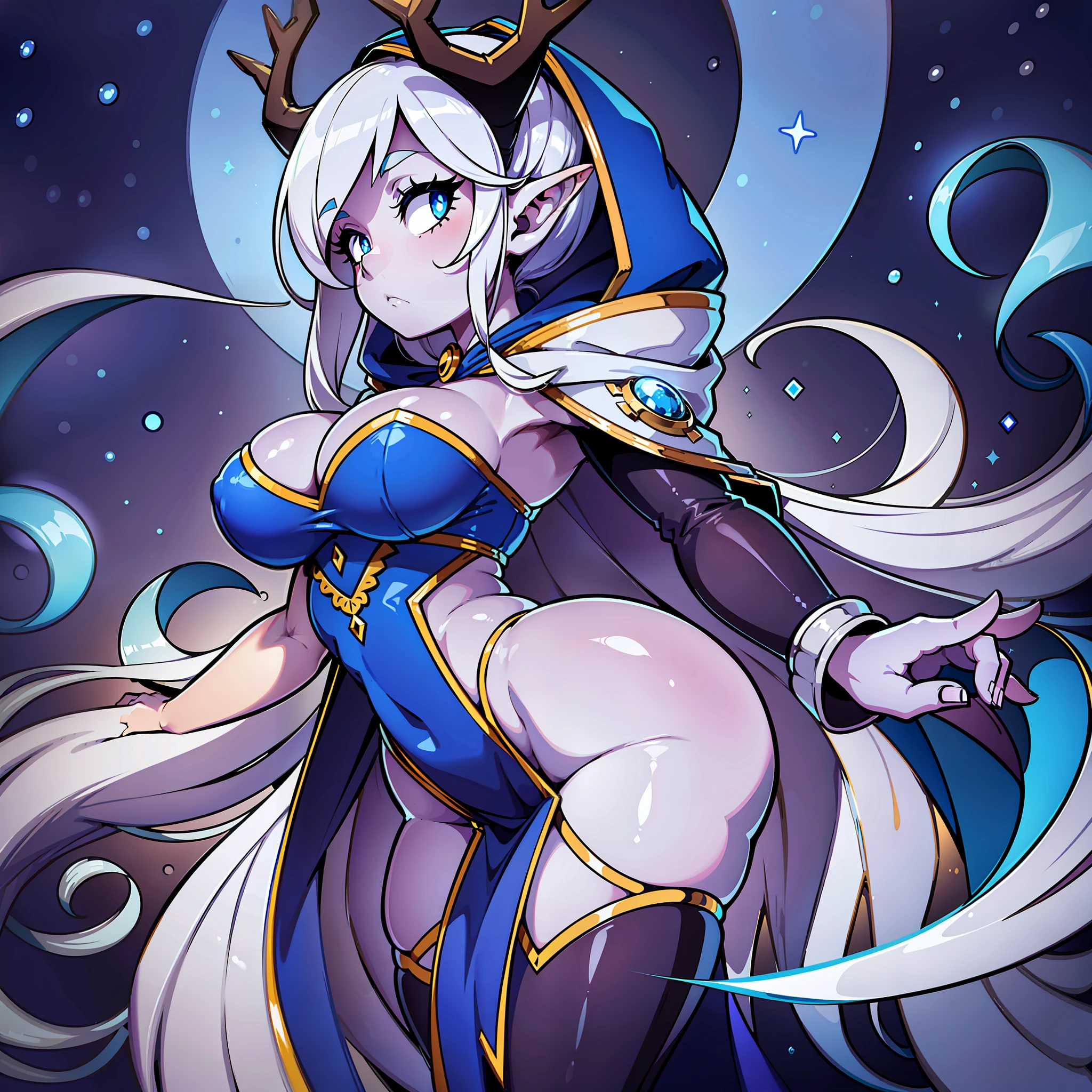 Elf ears, pointed ears, ((robe)), ((hood up)), ((hood with antlers)), Mysterious, Enigmatic, Otherworldly, Solitary, Sage, Lunar being, Moonlight, Silver-white hair, Shimmering blue and silver ribbons, Moonlit night, Reflective eyes, Deep wisdom, Melancholy, Slender, Graceful, Pale luminescence, Moonlight glow, Silver-white hair, Shimmering blue and silver ribbons, Reflective eyes, Silvery-blue glow, Moonlit night, Flowing gown, Phases of the moon, Dark blue, Deep purple, Silver and gold celestial patterns, Stars, Moons, Constellations, High collar, Hood, Silver amulet, Delicate chain, lantern, Moon, Gentle source of light, Silver rings, Moonstones, ((1girl)), ((simple background)), ((colored background)), wide hips, full body, ((pin up)), ((big butt)), ((big eyes)), ((colored skin)), ((grabbing butt))