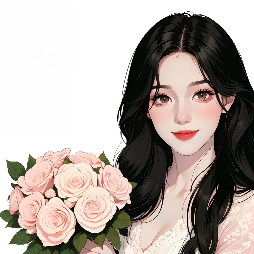 Sweet beauty touching, black hair))), ((slightly curly long hair)), (perfect eye painting), bright eyes, smile, pure white background, bust, holding a bouquet of gorgeous roses, gentle smile, wearing light pink clothes, front