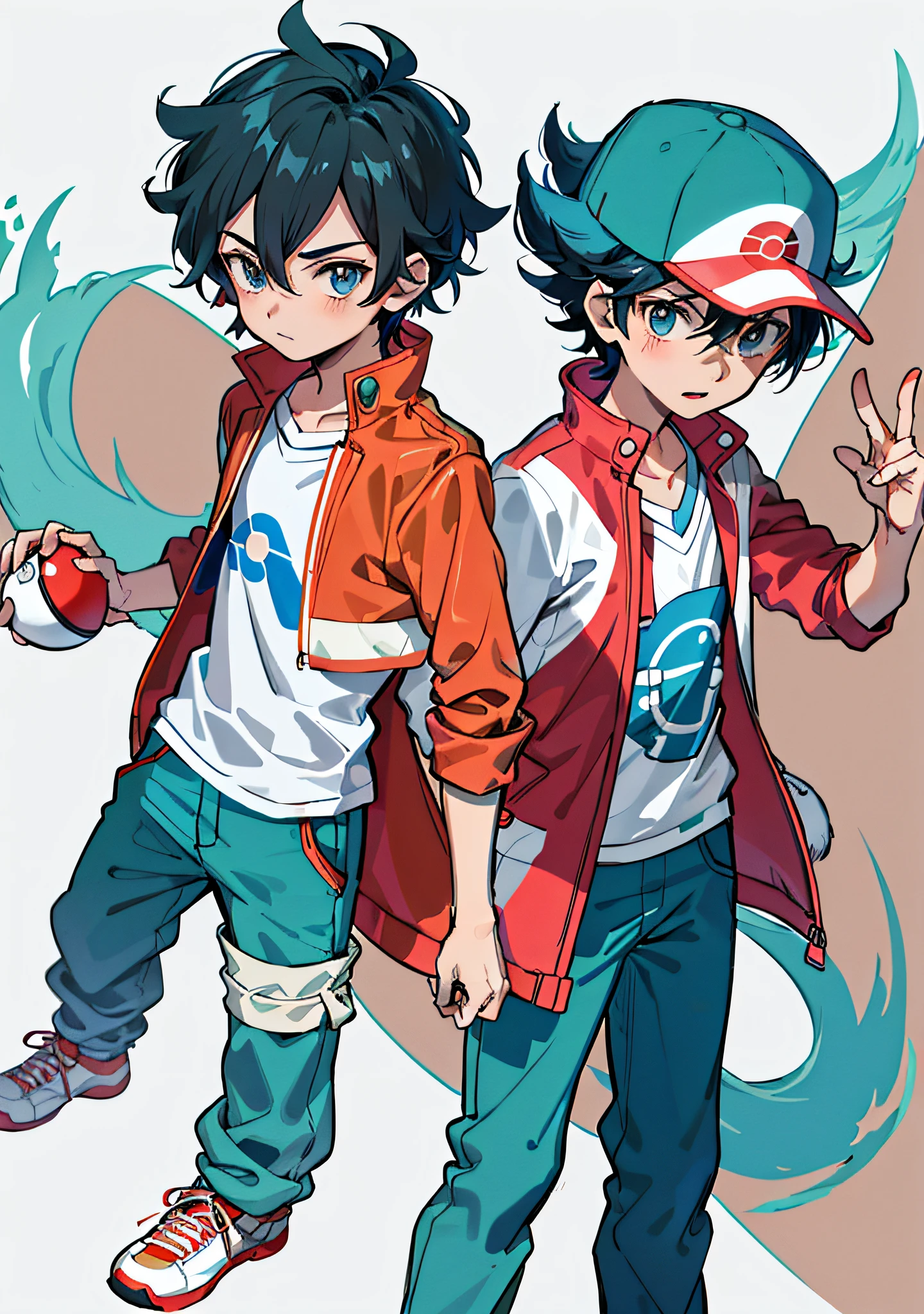 8k, HD, masterpiece, cover, super detailed, simple background, white background, cartoon of a in red jacket and blue pants holding a Poké ball, Pokemon Trainer, Ash Kechem, Pokemon Trainer costume, inspired by Junpei Sato, inspired by Ken Sugimori, Pokemon style, Pokemon anime style, illustrated Pokemon, anime style characters, Pokemon fog, Tony started style