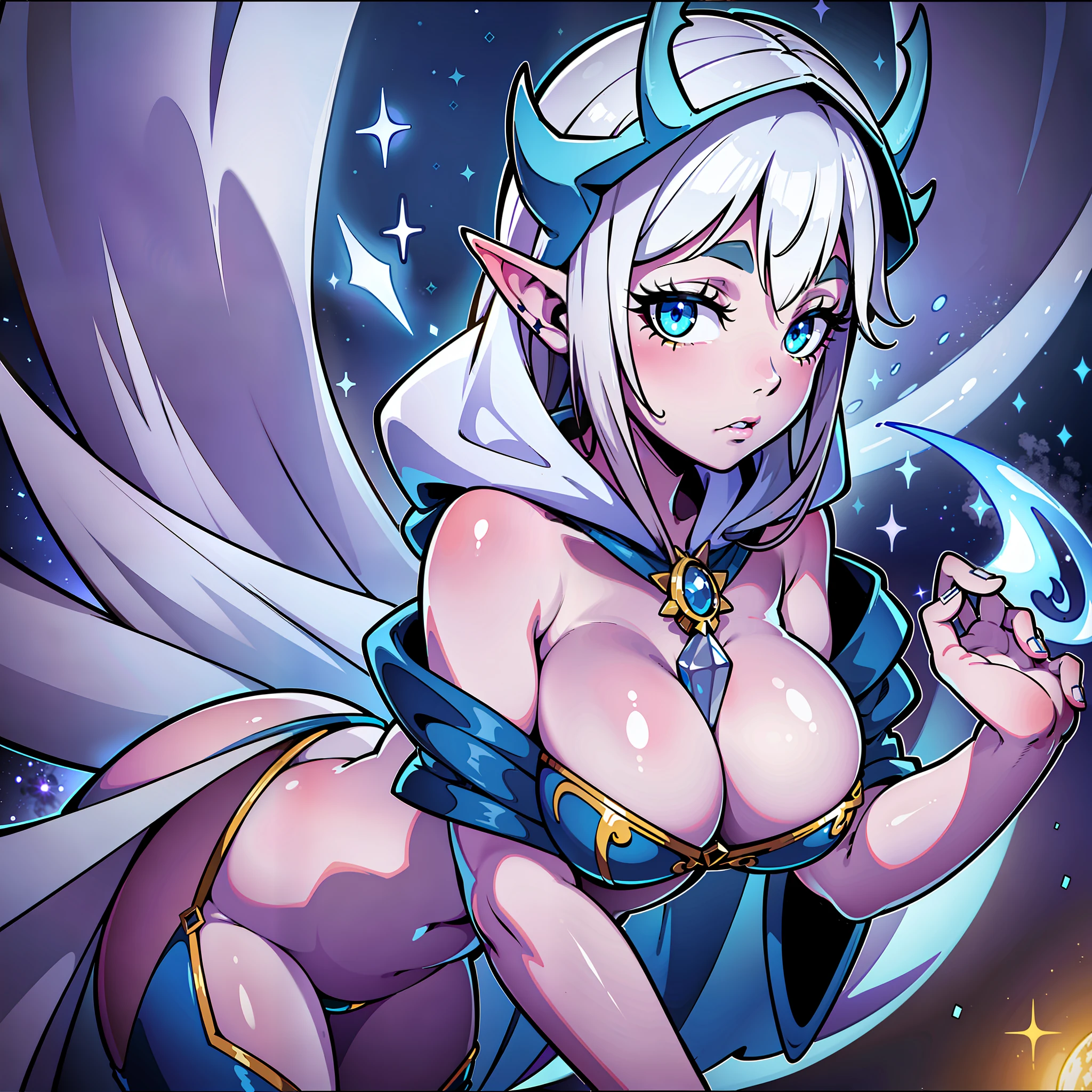 Elf ears, pointed ears, ((robe)), ((hood up)), ((hood with antlers)), Mysterious, Enigmatic, Otherworldly, Solitary, Sage, Lunar being, Moonlight, Silver-white hair, Shimmering blue and silver ribbons, Moonlit night, Reflective eyes, Deep wisdom, Melancholy, Slender, Graceful, Pale luminescence, Moonlight glow, Silver-white hair, Shimmering blue and silver ribbons, Reflective eyes, Silvery-blue glow, Moonlit night, Flowing gown, Phases of the moon, Dark blue, Deep purple, Silver and gold celestial patterns, Stars, Moons, Constellations, High collar, Hood, Silver amulet, Delicate chain, lantern, Moon, Gentle source of light, Silver rings, Moonstones, ((1girl)), ((simple background)), ((colored background)), wide hips, full body, ((pin up)), ((big butt)), ((big eyes)), ((colored skin)), ((grabbing butt))