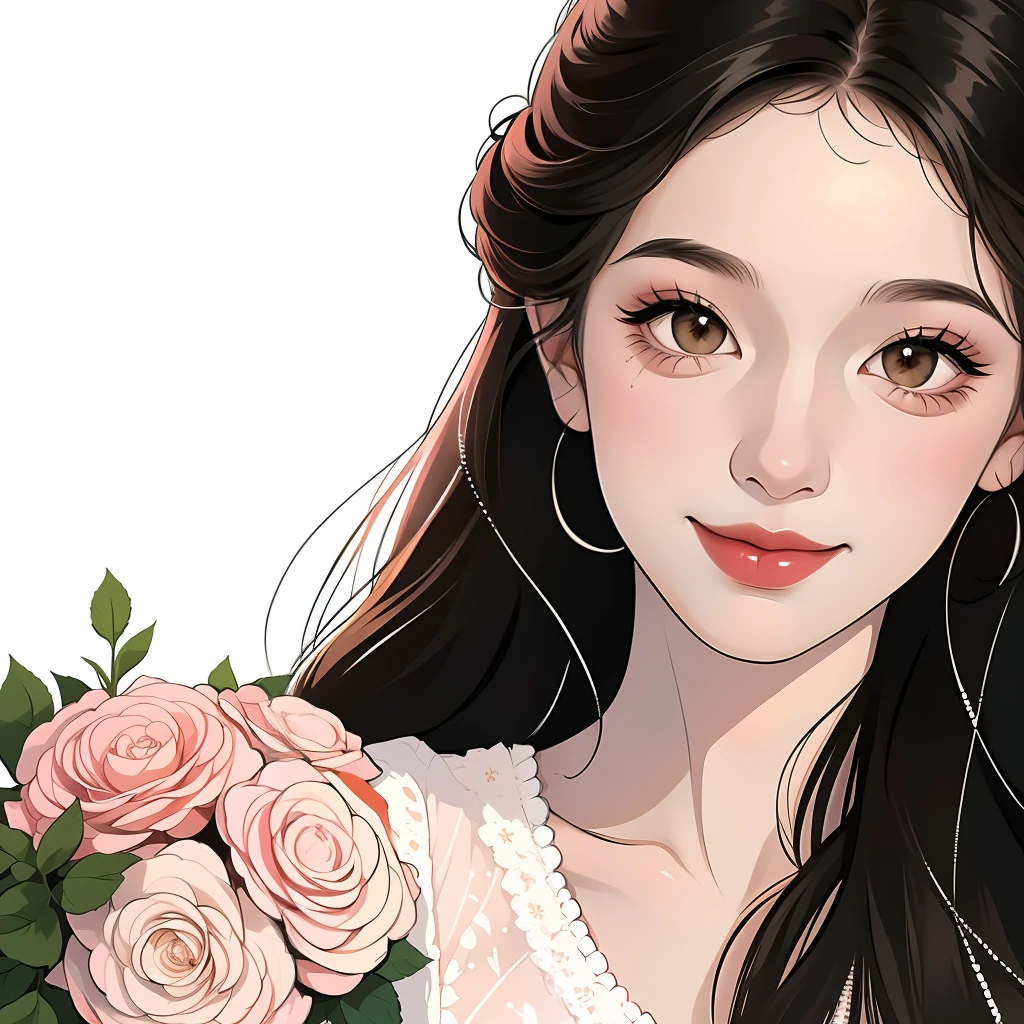 Sweet beauty touching, black hair))), ((slightly curly long hair)), (perfect eye painting), bright eyes, smile, pure white background, bust, holding a bouquet of gorgeous roses, gentle smile, wearing light pink clothes, front