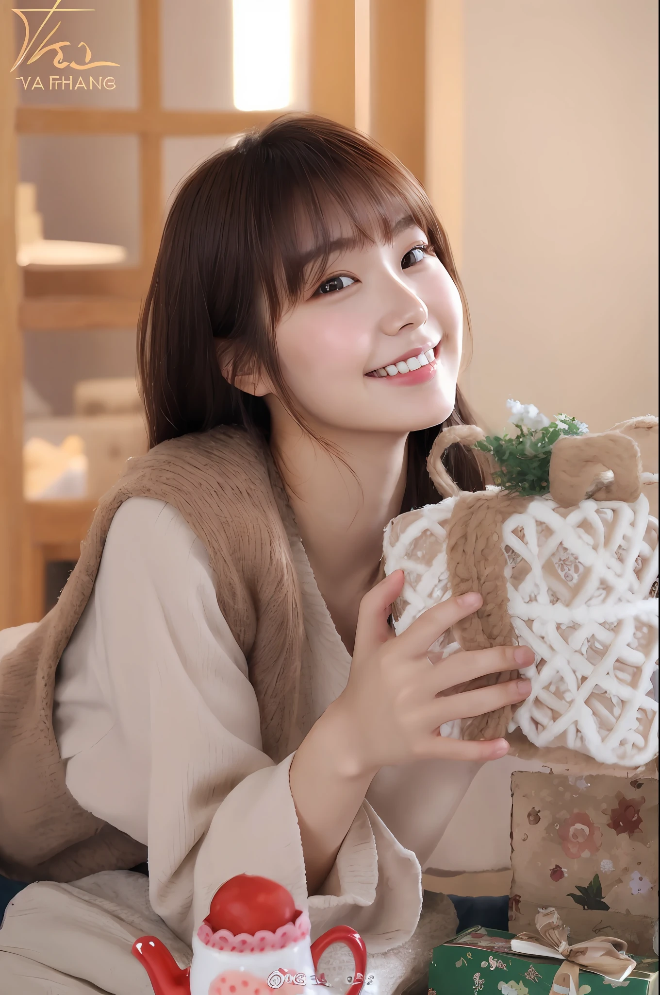 arafed woman with long brown hair and a tan sweater, warm and gentle smile, young adorable korean face, jaeyeon nam, smiling sweetly, cute korean actress, slight cute smile, ulzzang, lee ji - eun, lee ji-eun, young cute wan asian face, innocent smile, neat hair with bangs, jinyoung shin, lovely smile, warm smile