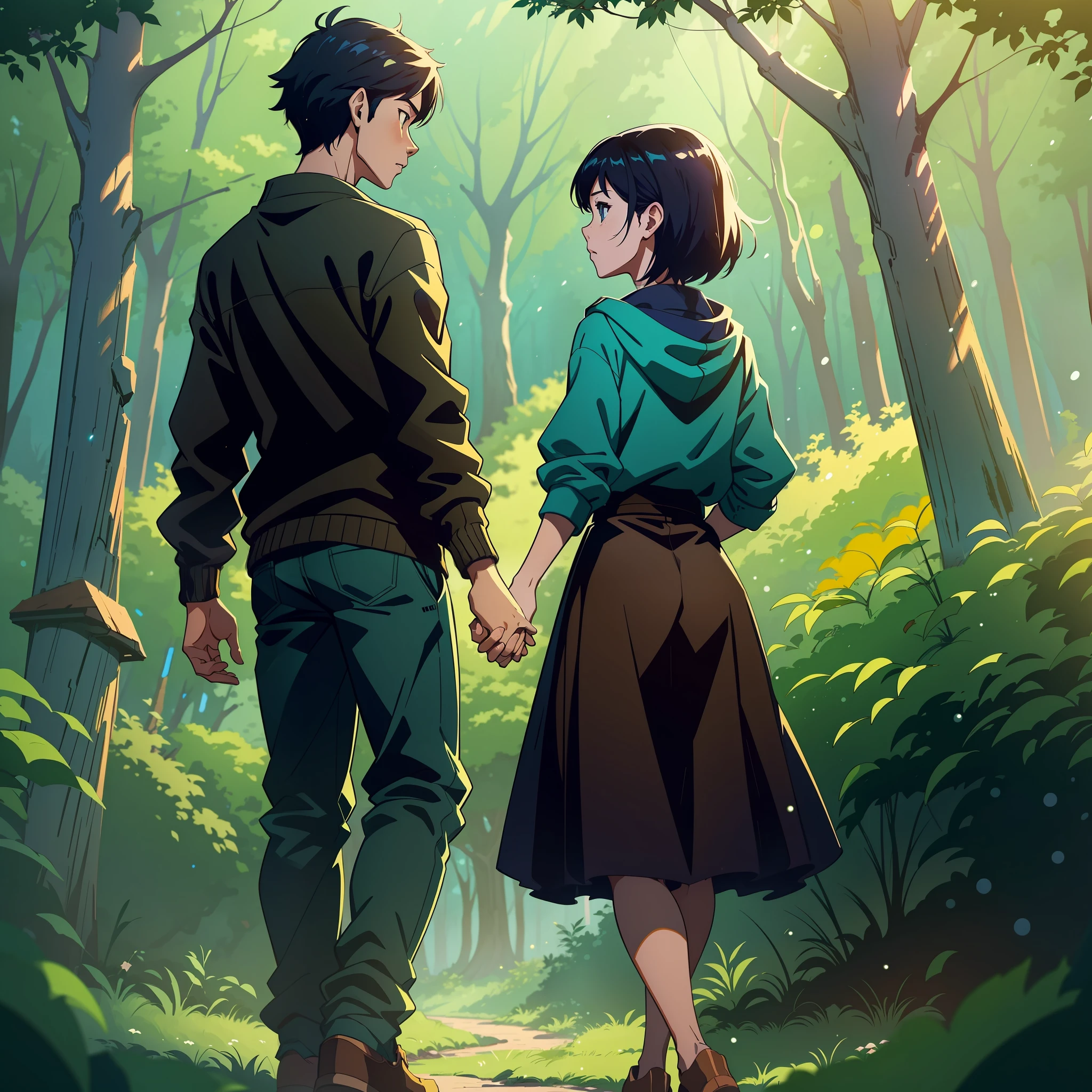 A boy and a girl, 2 people standing in the woods holding hands, artwork in the style of guweiz, anime lush john 8k woods, makoto shinkai and tom bagshaw, makoto shinkai cyril rolando, guweiz and makoto shinkai, sakimichan and makoto shinkai, ross tran and makoto shinkai