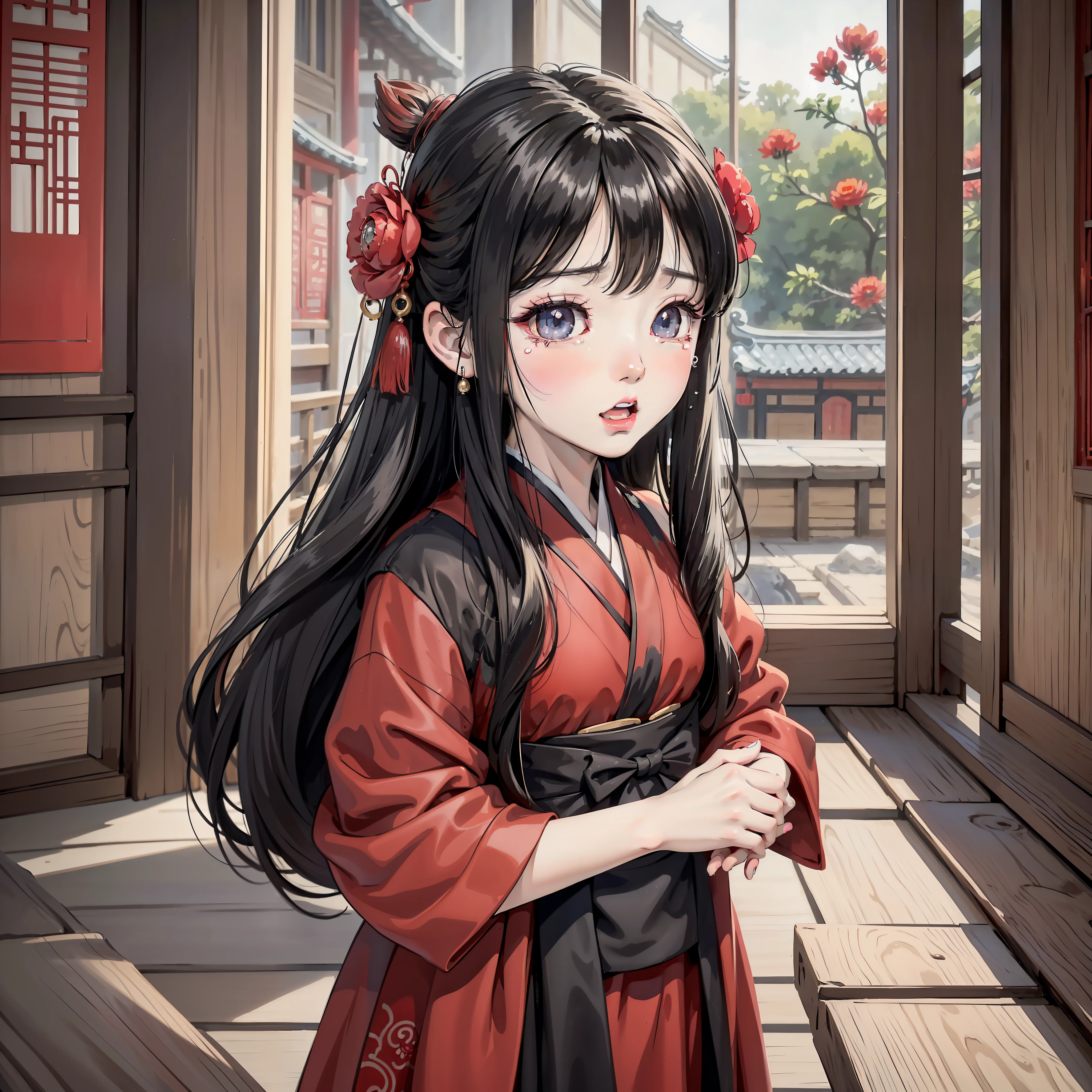 Ancient Chinese anime little girl with long black hair and about 10 years old wearing red Hanfu, red flower 1.3 (crying expression 1.5) (tears tears 1.8) (open mouth crying 1.2) (background is ancient Chinese room 1.5) anime style 4 K, anime rendering, Guvez style artwork, anime style. 8k, Guvitz, beautiful anime girl, beautiful anime face, cute anime girl (big eyes full of tears 1.5) (upper body display 1.5) (crystal beautiful eyes 1.5) (poor milk 1.3) (juvenile little girl 1.3) (cinematic light 1.5)