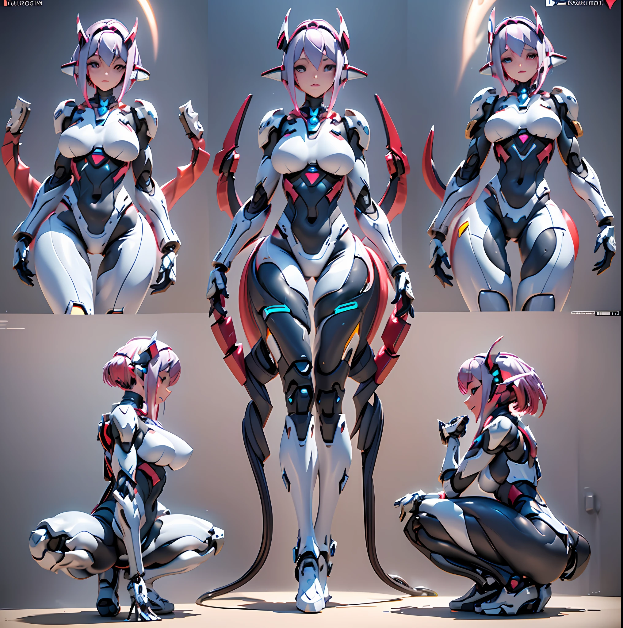 (Dark Environment: 2.0) Closed room, a girl armor with intoxicating curves, enchanting charm, and plump breasts, with a high degree of anthropomorphism, the armored body is a body with female human signs, the female human body is wearing a white one-piece rubber suit, the armor color is white, the armor surface is decorated with random symmetrical blue gemstones, the character's face is replaced with a mechanical, the vivid mechanical face is cute, the mecha is parasitized by red mechanized octopus tentacles, the mechanical tentacles and the host body are perfectly integrated, The mechanical tentacles are perfectly integrated with the host organ, the armored whole body has obvious tentacle features, the clothing on the chest is replaced by three-point underwear formed by the winding of mechanical tentacles, the white chest that exposes human signs, the clothes of the butt are replaced by thong formed by the winding of mechanized tentacles, the white lower abdomen that exposes human signs, there are no extra tentacles around the character, the armor squats, shows the crotch in turn, shows the butt with both hands up, shows the chest (close-up), looks from the character's back when showing the armor back, and only renders one armor, There is no other armor in the picture, positive prompts: healthy, symmetrical, natural, properly proportioned, dynamic posture, human anatomy, correct proportions, smooth lines, two healthy arms, two well-proportioned legs, flexible fingers, stable gait, appropriate limb length, even muscle development, coordinated movements, correct range of motion for arm and leg joints, correct squatting posture, stable back, showing the back facing forward, naturally separate legs, even leg spacing, balanced upper body posture, Comfortable squatting position, relaxed hip muscles, coordinated contraction of leg muscles, healthy and flexible hands, well-proportioned and robust legs, suitable and comfortable shoes, good footing posture, ergonomic hand de